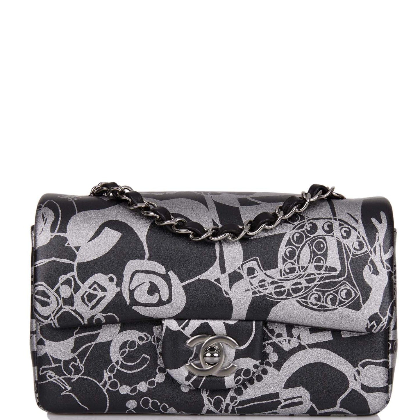 Chanel Mini Rectangular Flap Bag Black And Silver Printed Lambskin Silver Hardware
