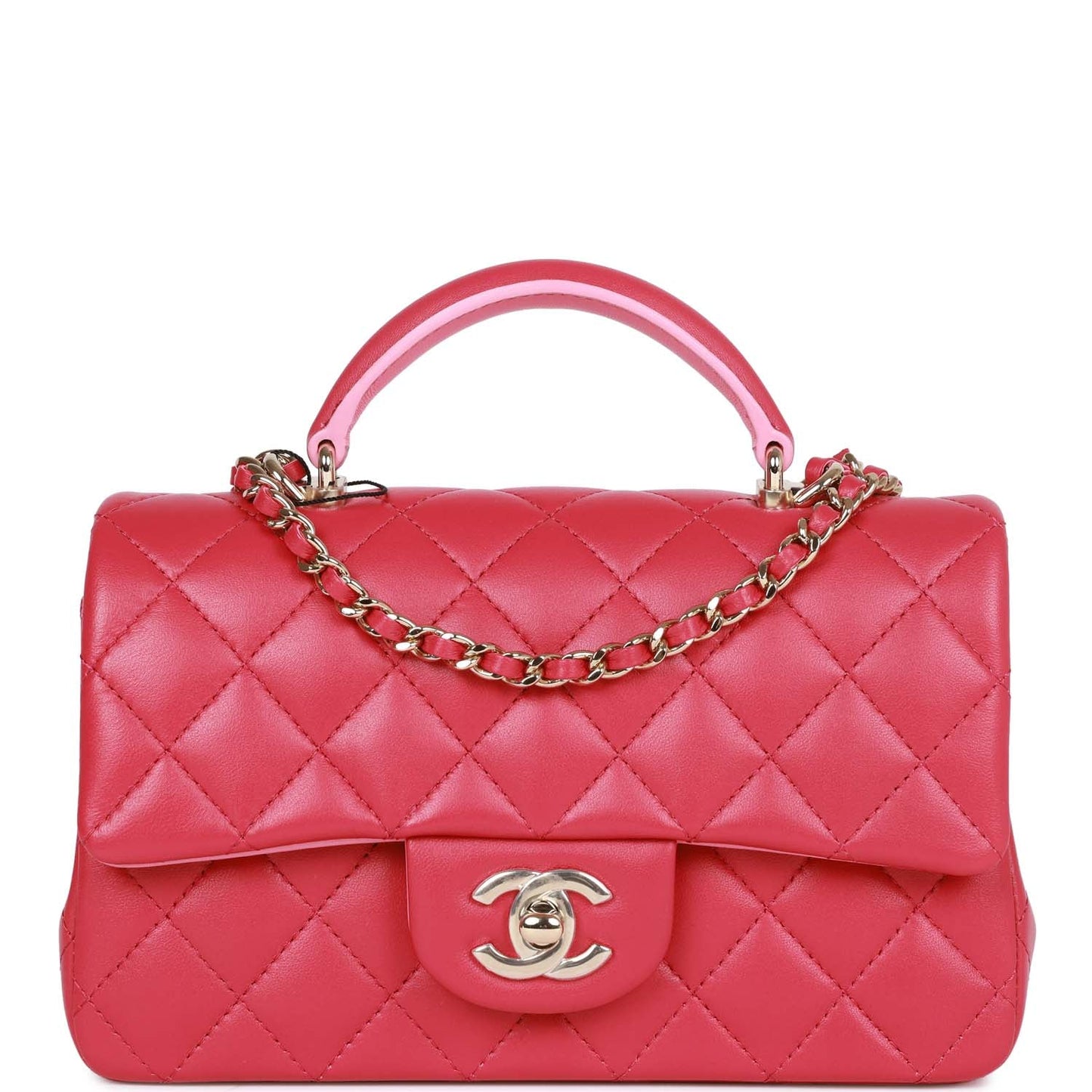 Chanel Mini Rectangular Flap With Top Handle Pink Lambskin Light Gold Hardware
