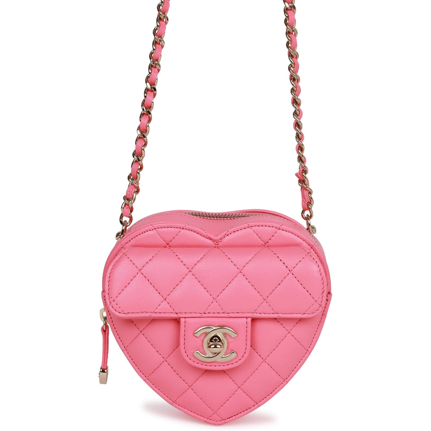 Chanel Cc In Love Heart Clutch With Chain Pink Lambskin Light Gold Hardware