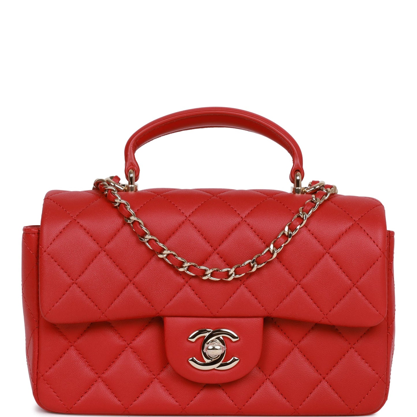 Chanel Mini Rectangular Flap Bag With Top Handle Red Lambskin Light Gold Hardware