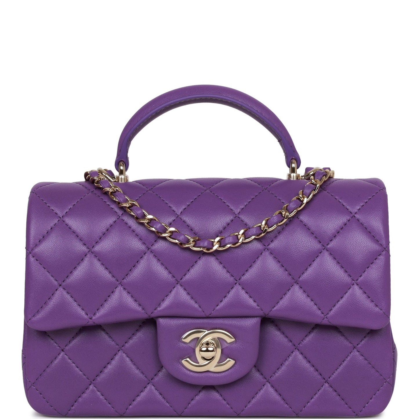 Chanel Mini Rectangular Flap With Top Handle Purple Lambskin Light Gold Hardware