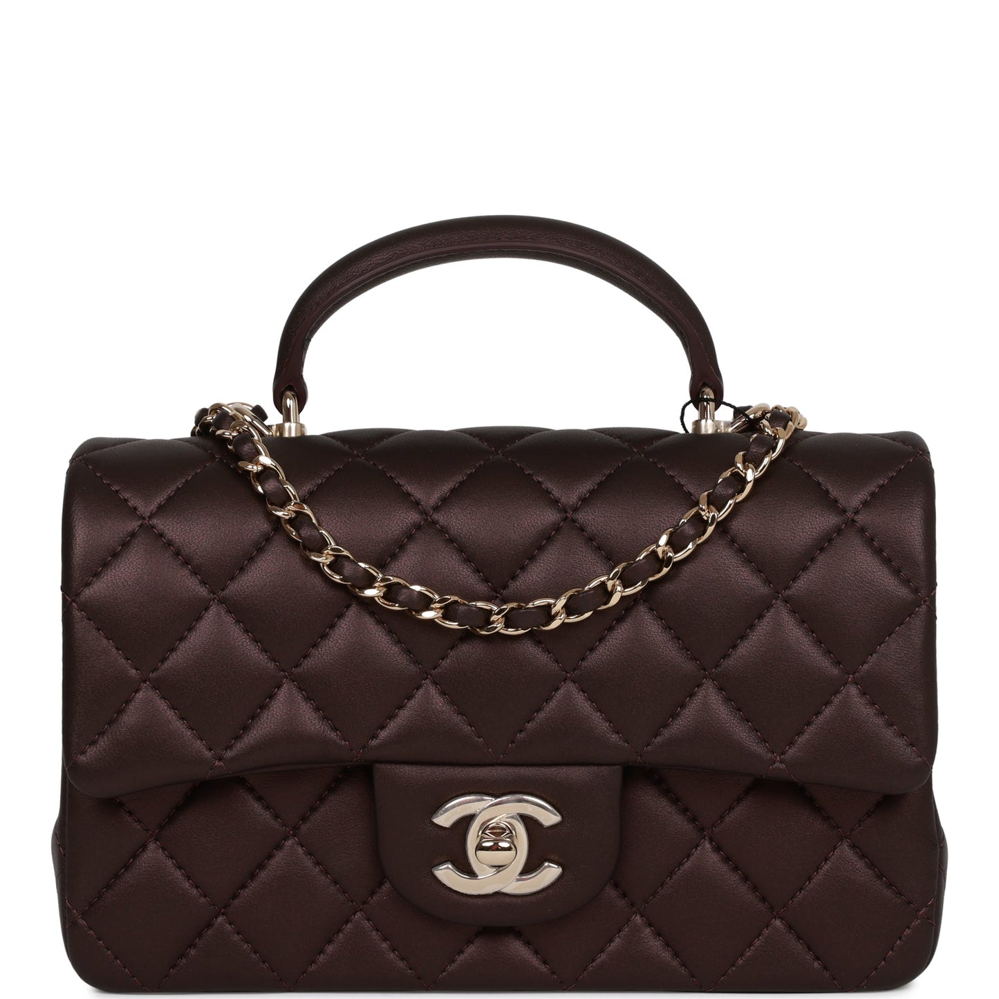 Chanel Mini Rectangular Flap Bag With Top Handle Burgundy Lambskin Light Gold Hardware