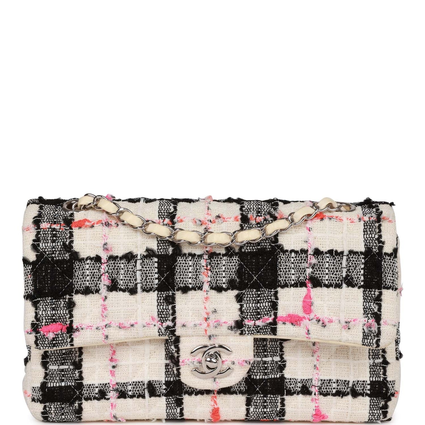 Chanel Medium Classic Double Flap Bag White Black And Pink Tweed Silver Hardware