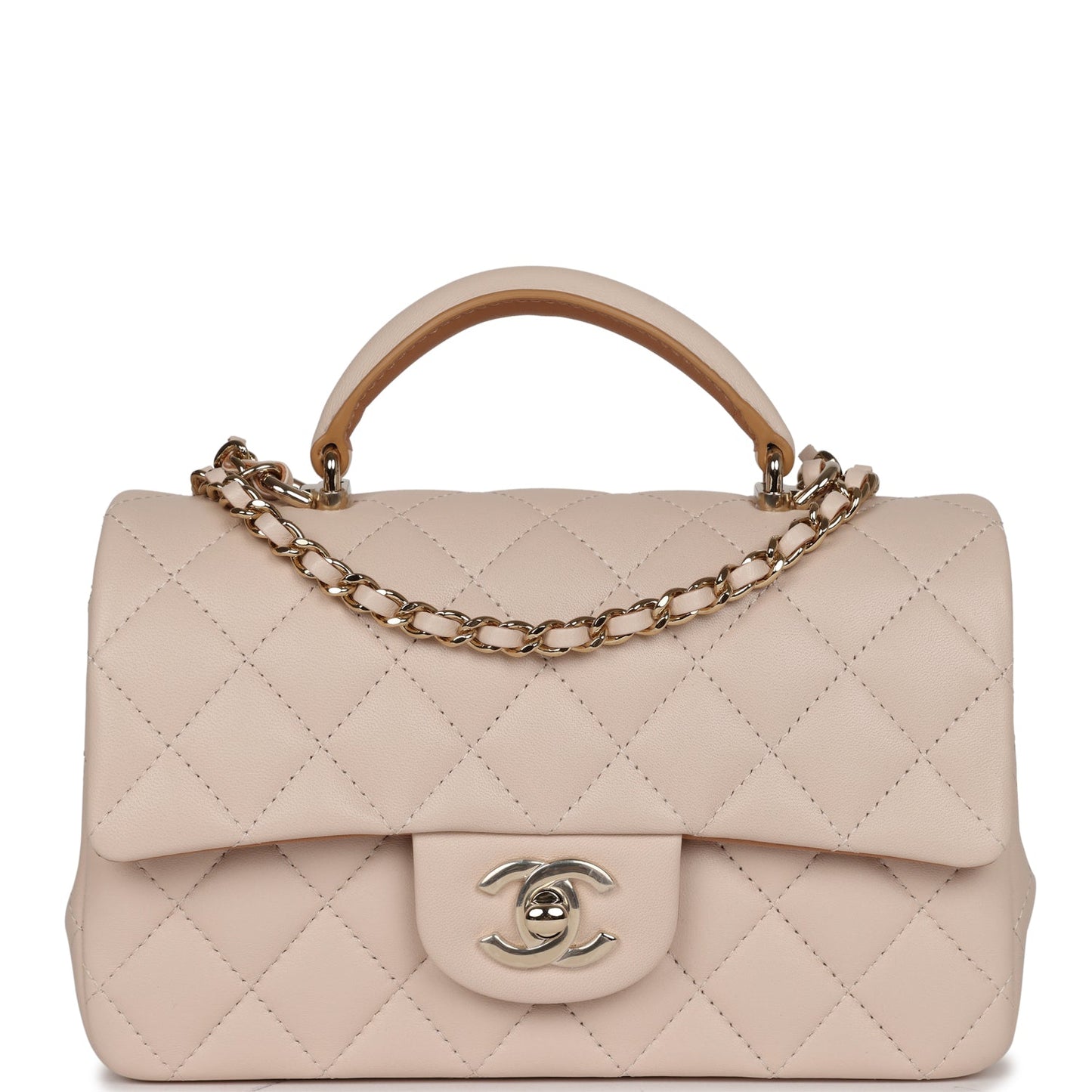 Chanel Mini Rectangular Flap with Top Handle Beige Lambskin Light Gold Hardware