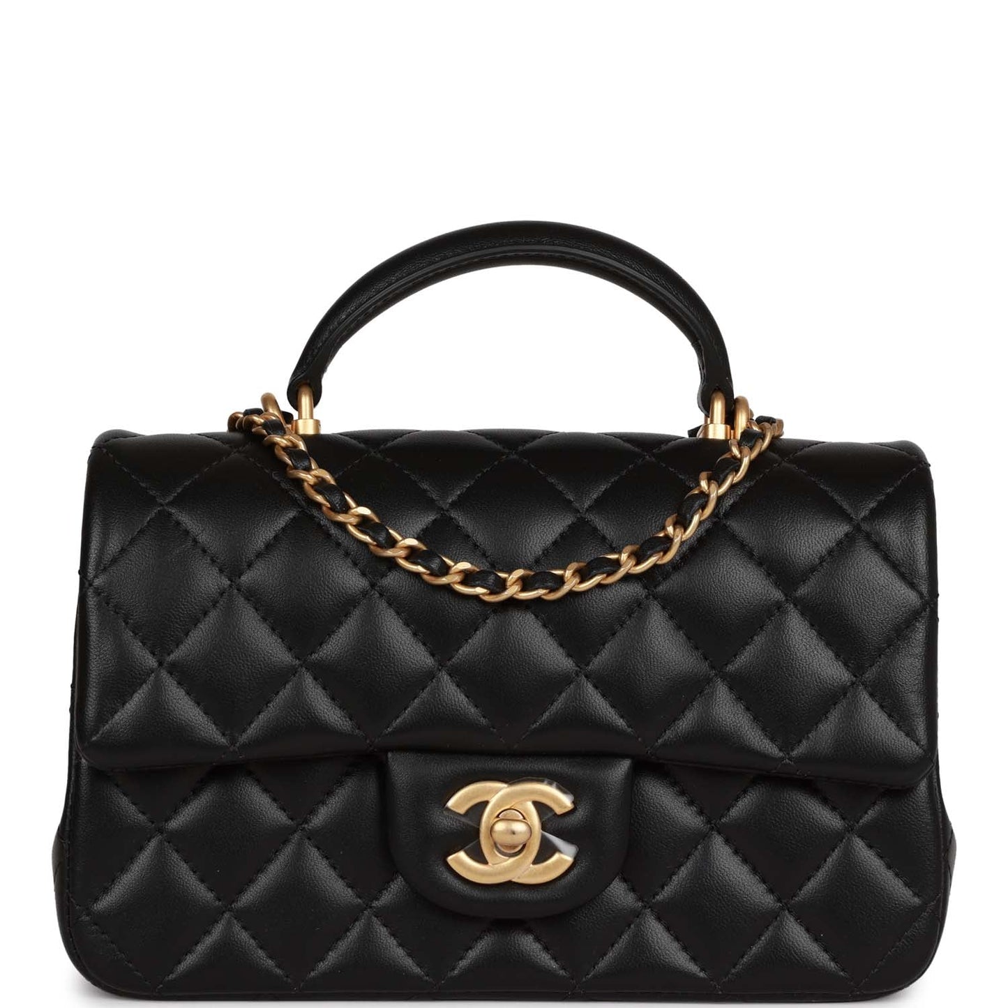 Chanel Mini Rectangular Flap With Top Handle Black Lambskin Antique Gold Hardware