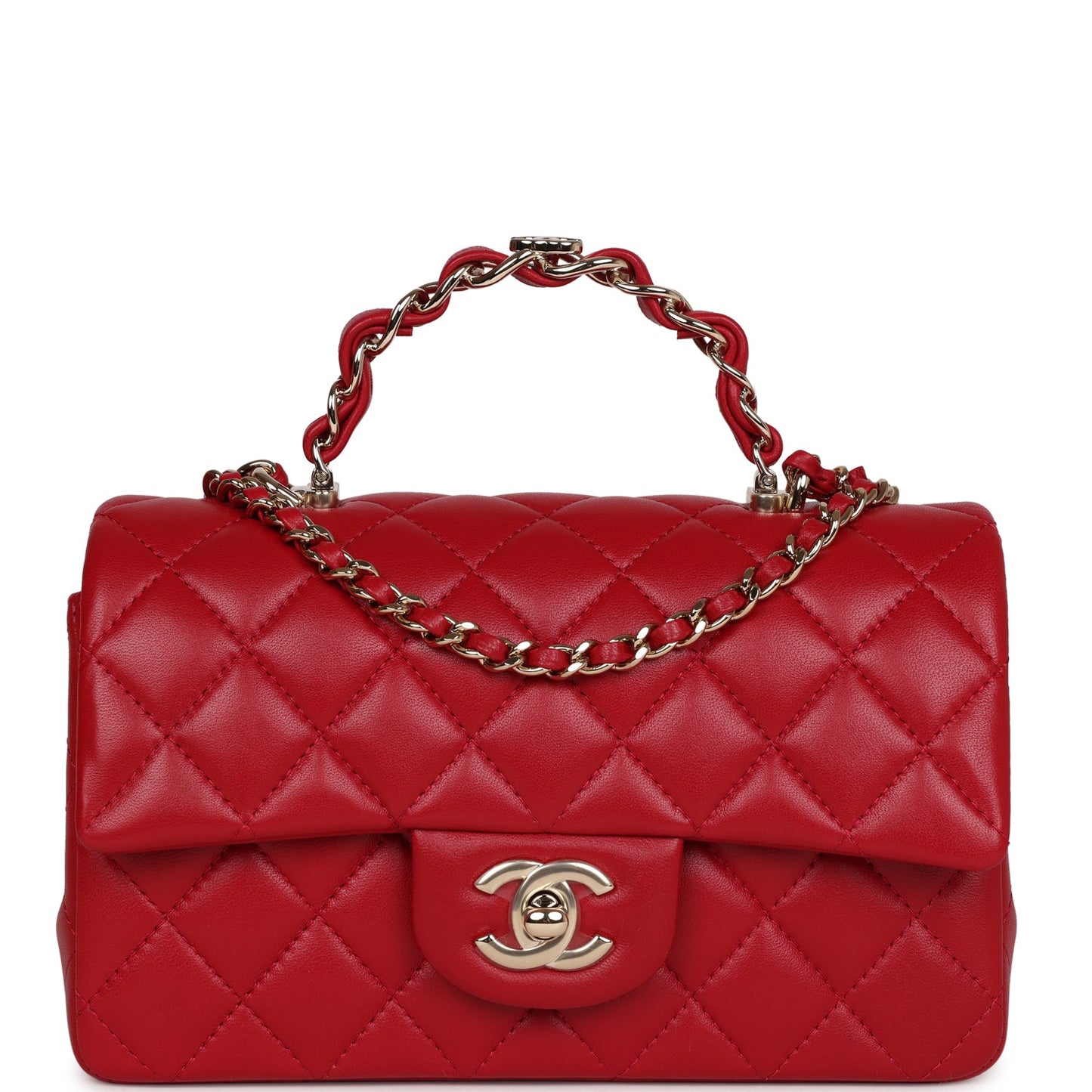 Chanel Mini Rectangular Flap with Top Handle Red Lambskin Light Gold Hardware