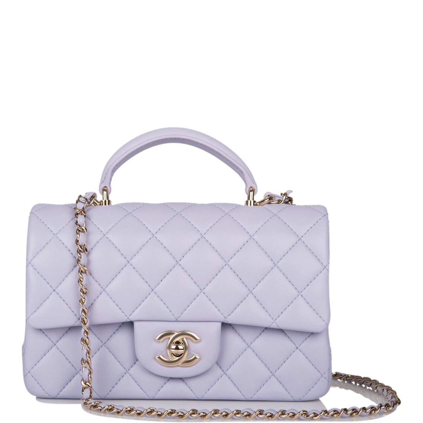 Chanel Mini Rectangular Flap With Top Handle Lavender Lambskin Light Gold Hardware