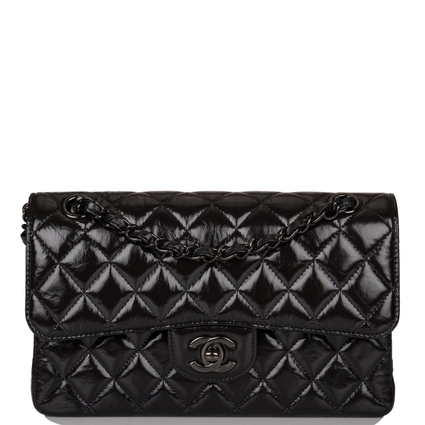 Chanel Small Classic Double Flap Shiny So Black Crumpled Calfskin Black Hardware