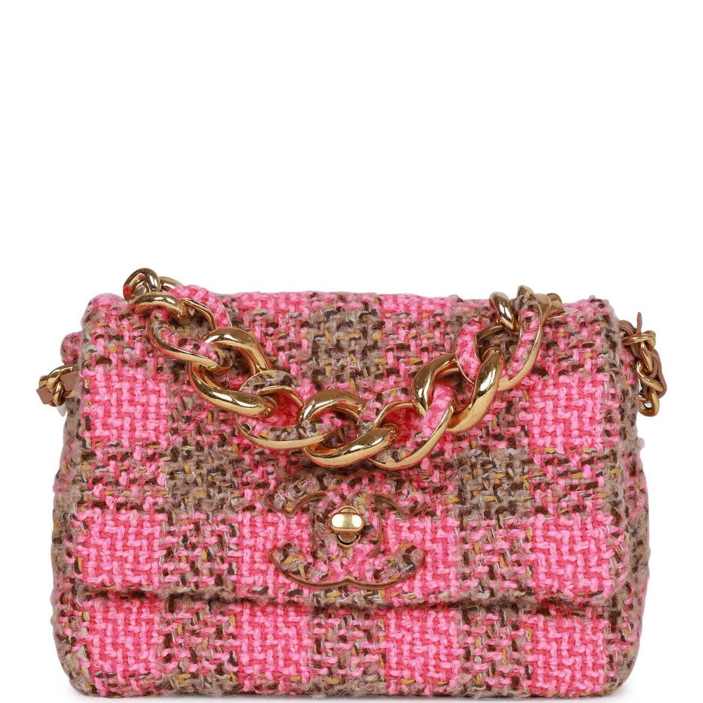 Chanel Small Elegant Chain Flap Bag Pink And Beige Tweed Gold Hardware
