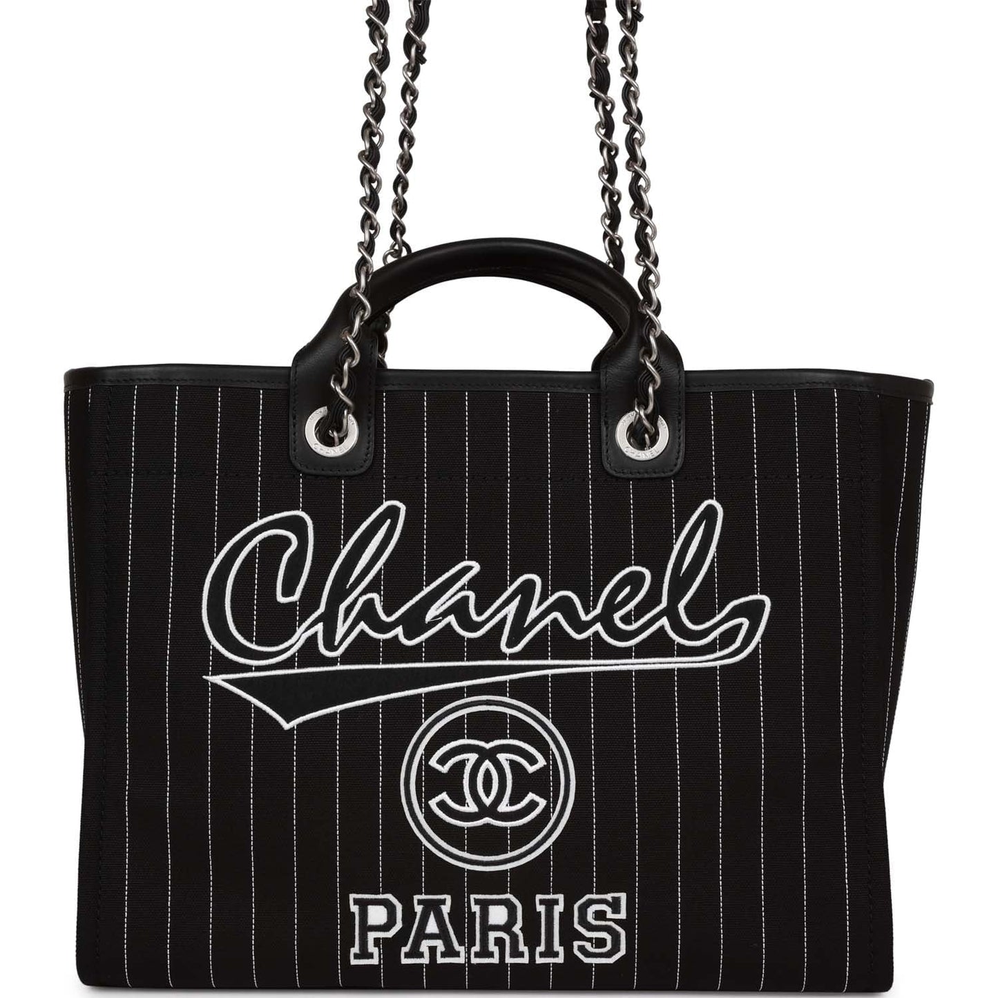 Chanel Large Deauville Shopping Bag Black And White Pinstripe Ruthenium Hardware
