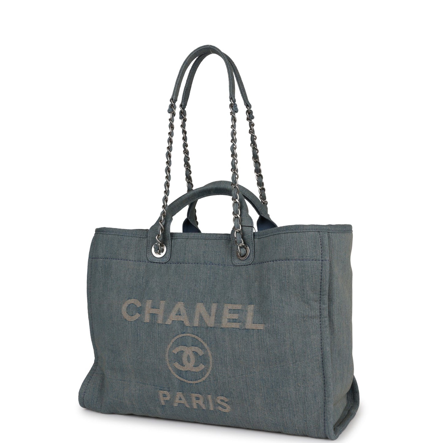 Chanel Large Deauville Shopping Tote Distressed Blue Denim Silver Hardware