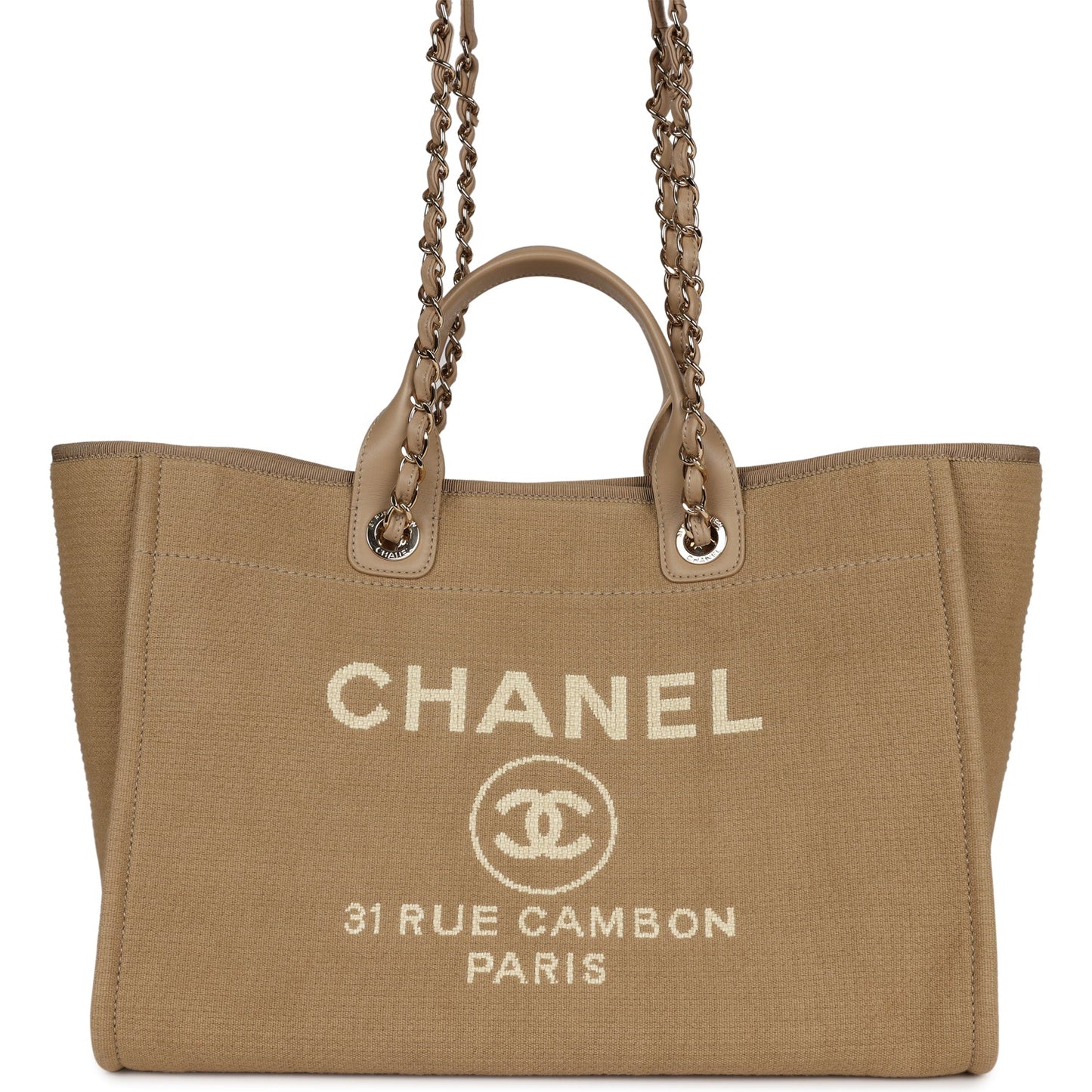 Chanel Large Deauville Shopping Tote Beige Canvas Gold Hardware