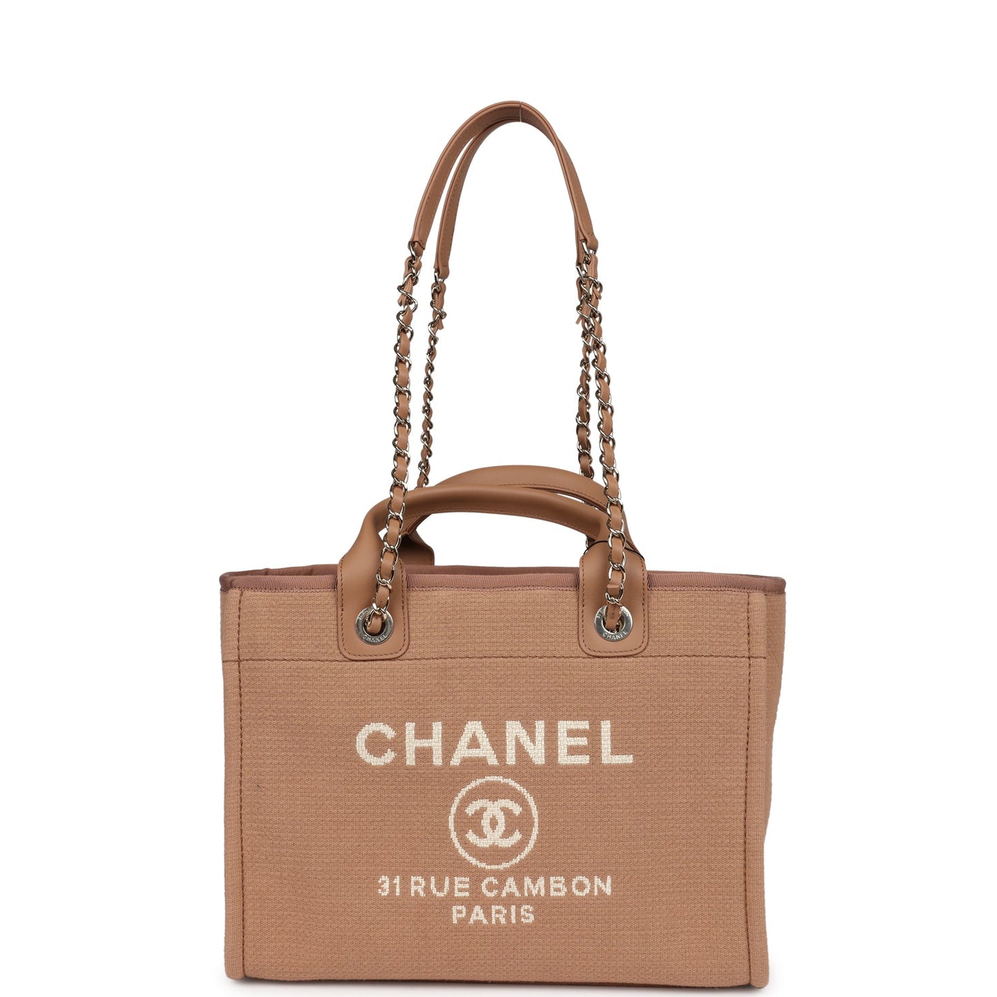 Chanel Small Deauville Shopping Tote Dark Beige Canvas Light Gold Hardware