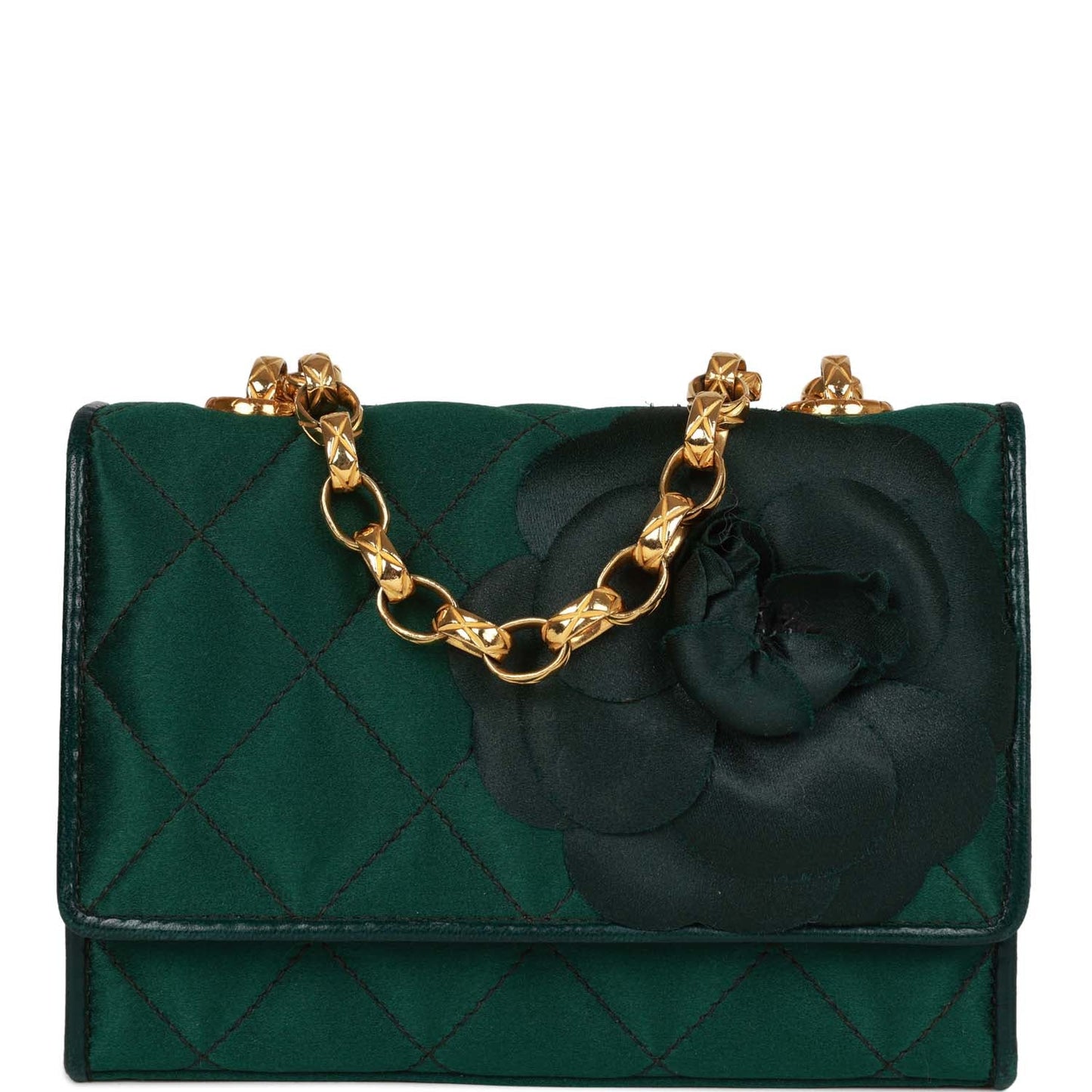 Chanel Mini Camellia Flap Bag Green Satin Gold Hardware