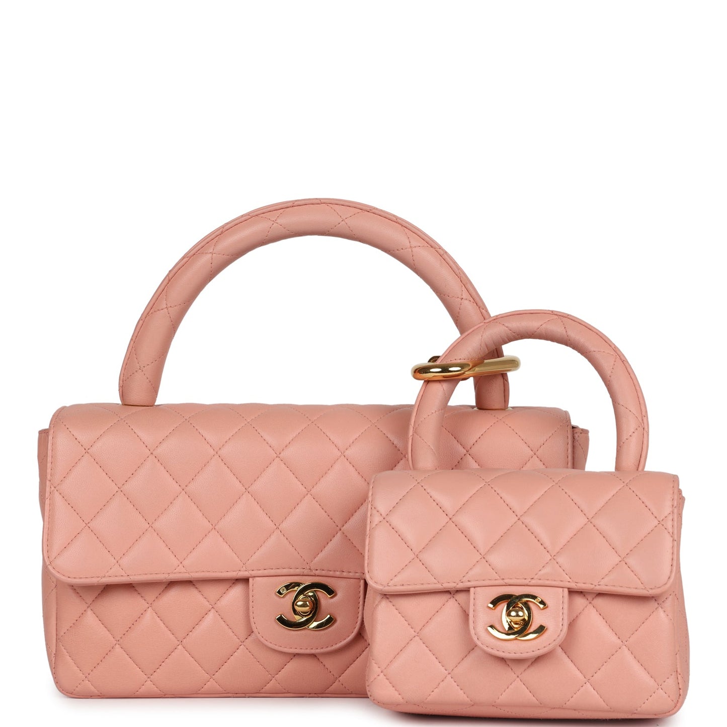 Chanel Kelly Parent and Child Flap Bag Set Pink Lambskin Gold Hardware