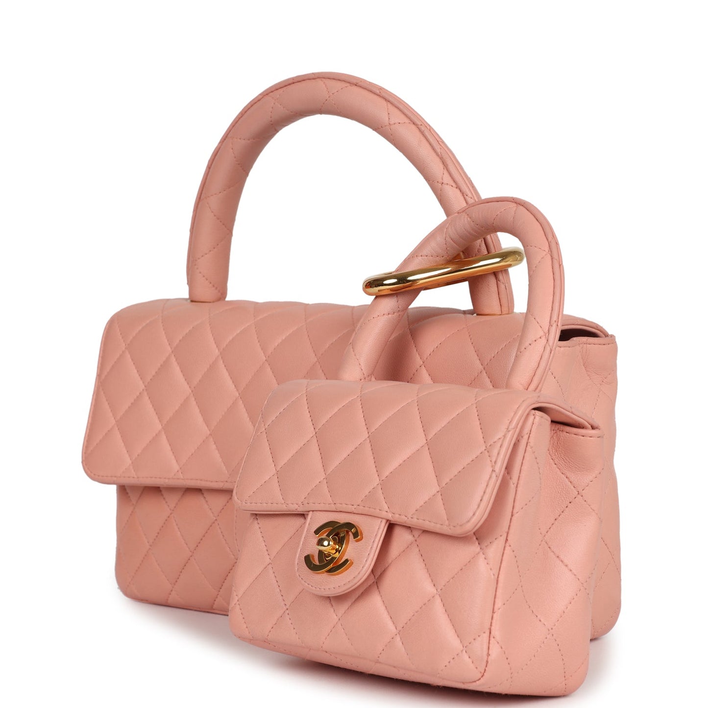 Chanel Kelly Parent and Child Flap Bag Set Pink Lambskin Gold Hardware