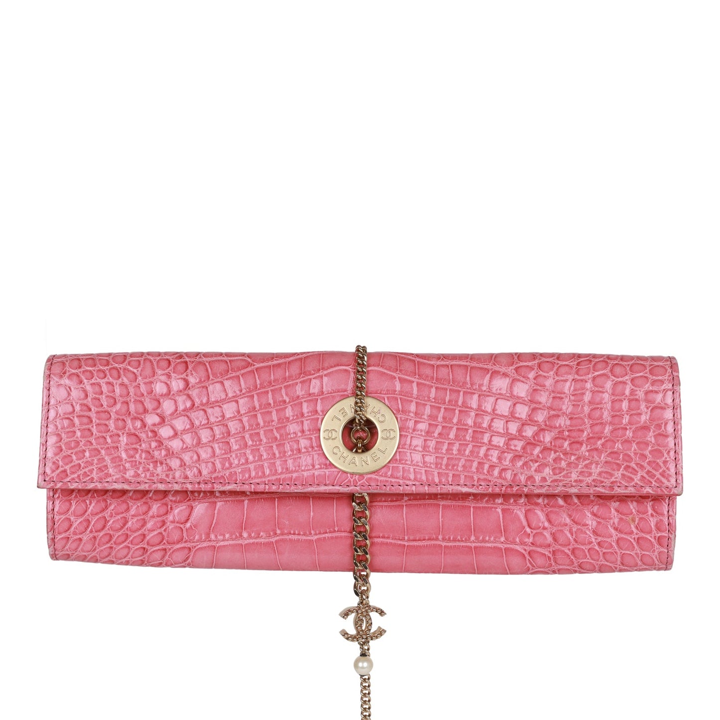 Chanel Chain Envelope Evening Clutch Bag Pink Crocodile Gold Hardware