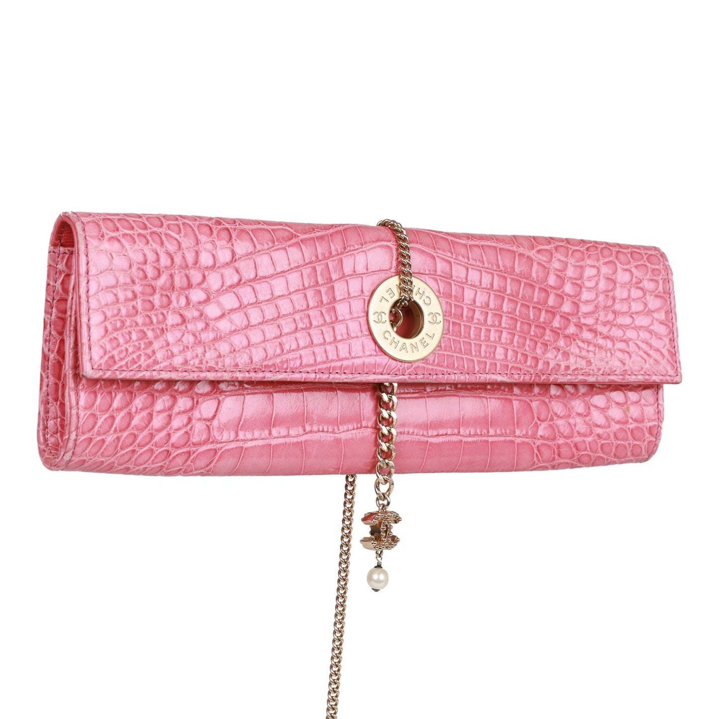 Chanel Chain Envelope Evening Clutch Bag Pink Crocodile Gold Hardware