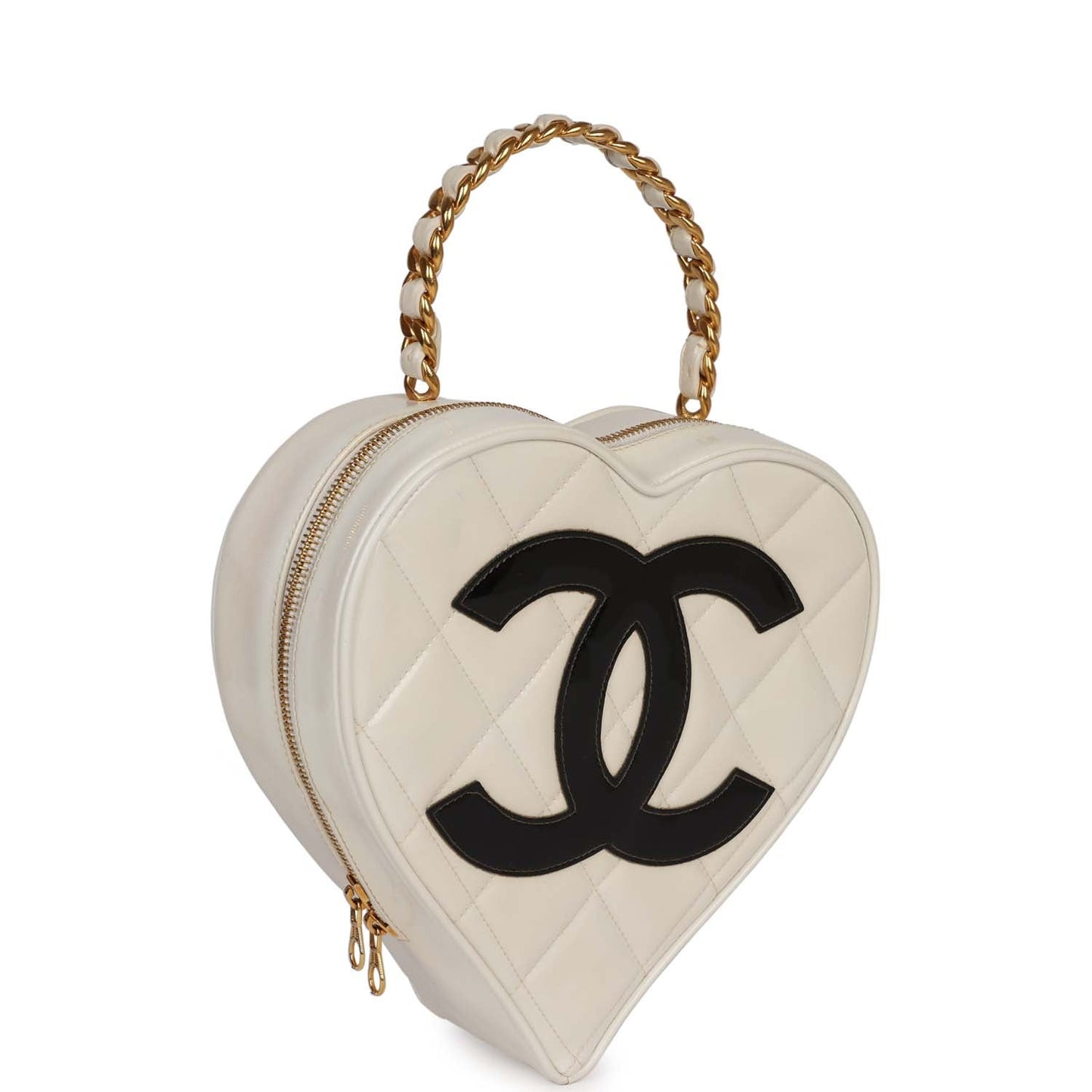 Chanel Heart Vanity Bag White and Black Patent Antique Gold Hardware