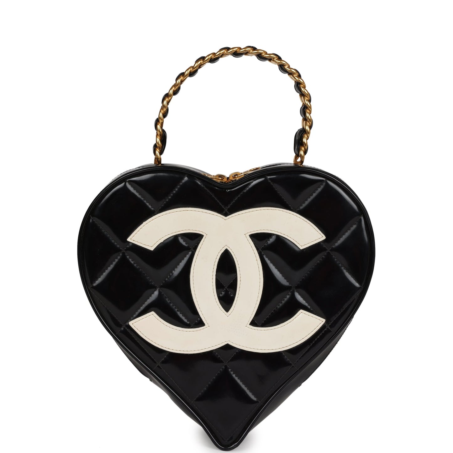 Chanel Heart Vanity Bag Black and White Patent Antique Gold Hardware