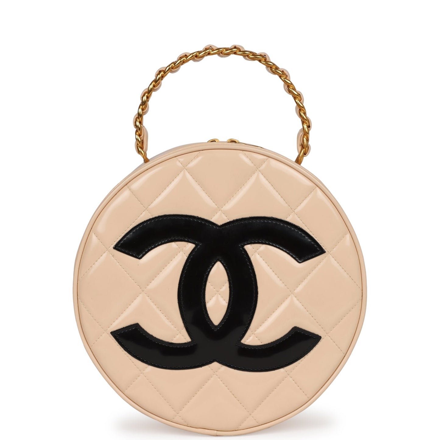 Chanel Round Vanity Bag Beige and Black Patent Leather Antique Gold Hardware