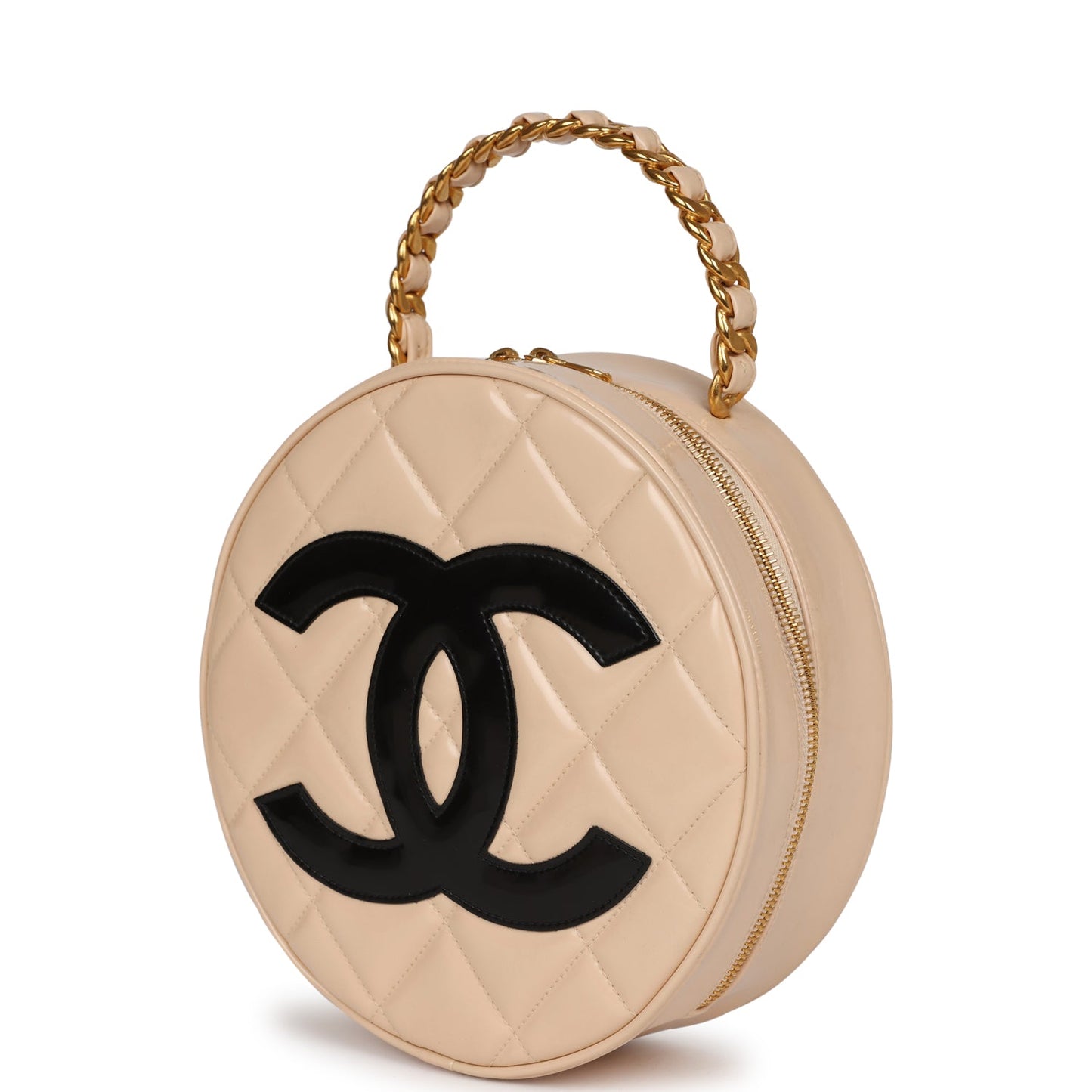 Chanel Round Vanity Bag Beige and Black Patent Leather Antique Gold Hardware