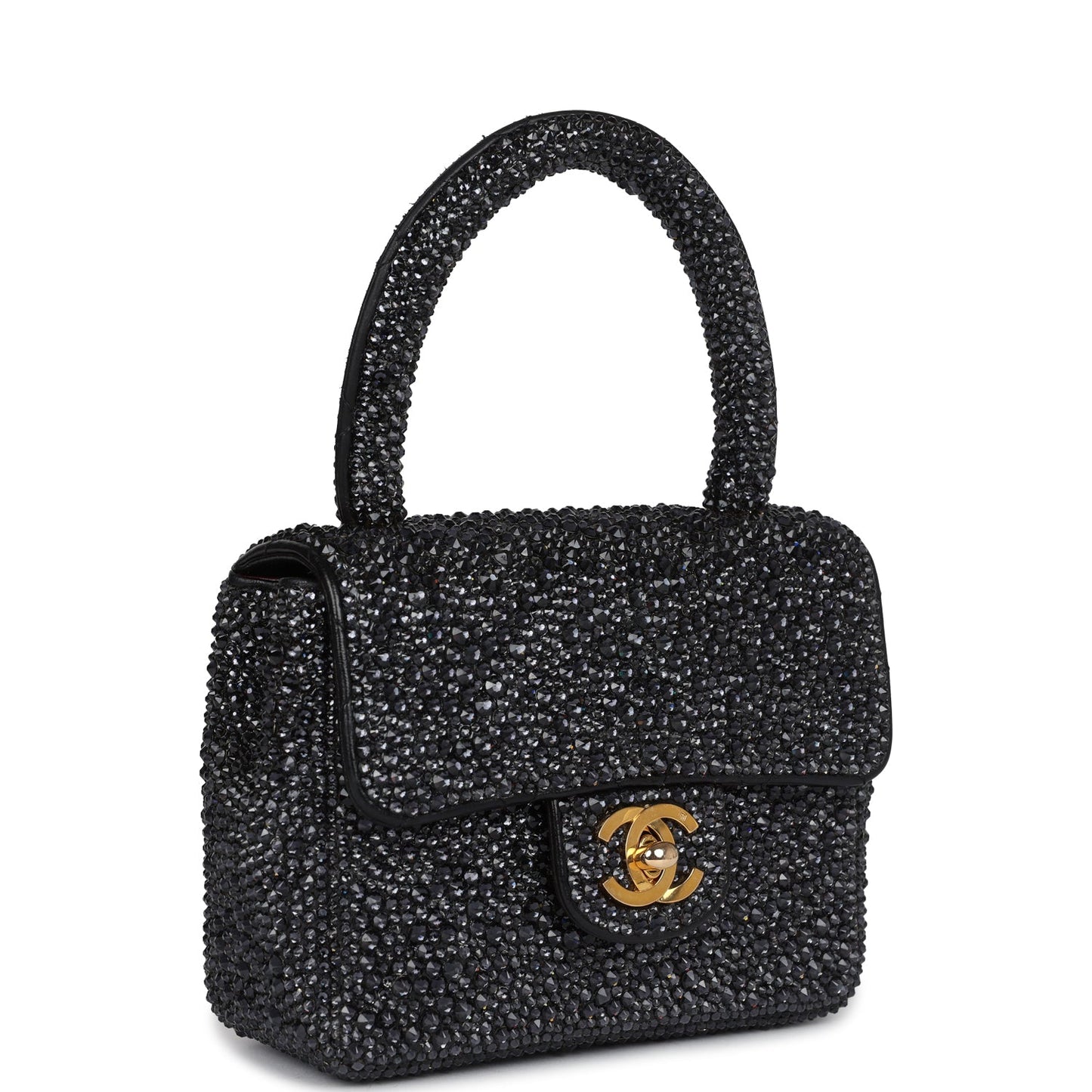 Custom Black Swarovski Crystal Chanel Mini Kelly Flap Bag Black Lambskin Gold Hardware