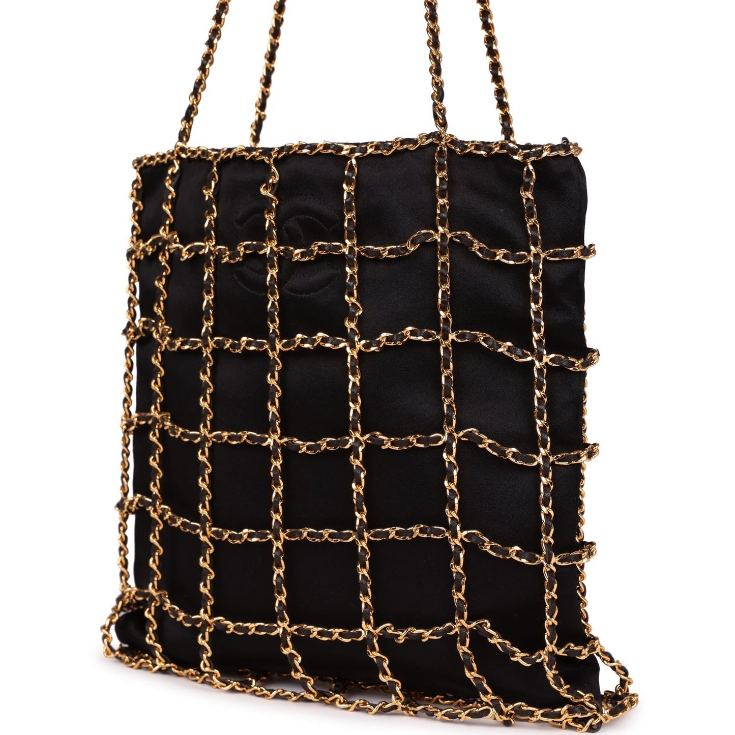Chanel Chain Frame CC Shopping Tote Black Satin Gold Hardware