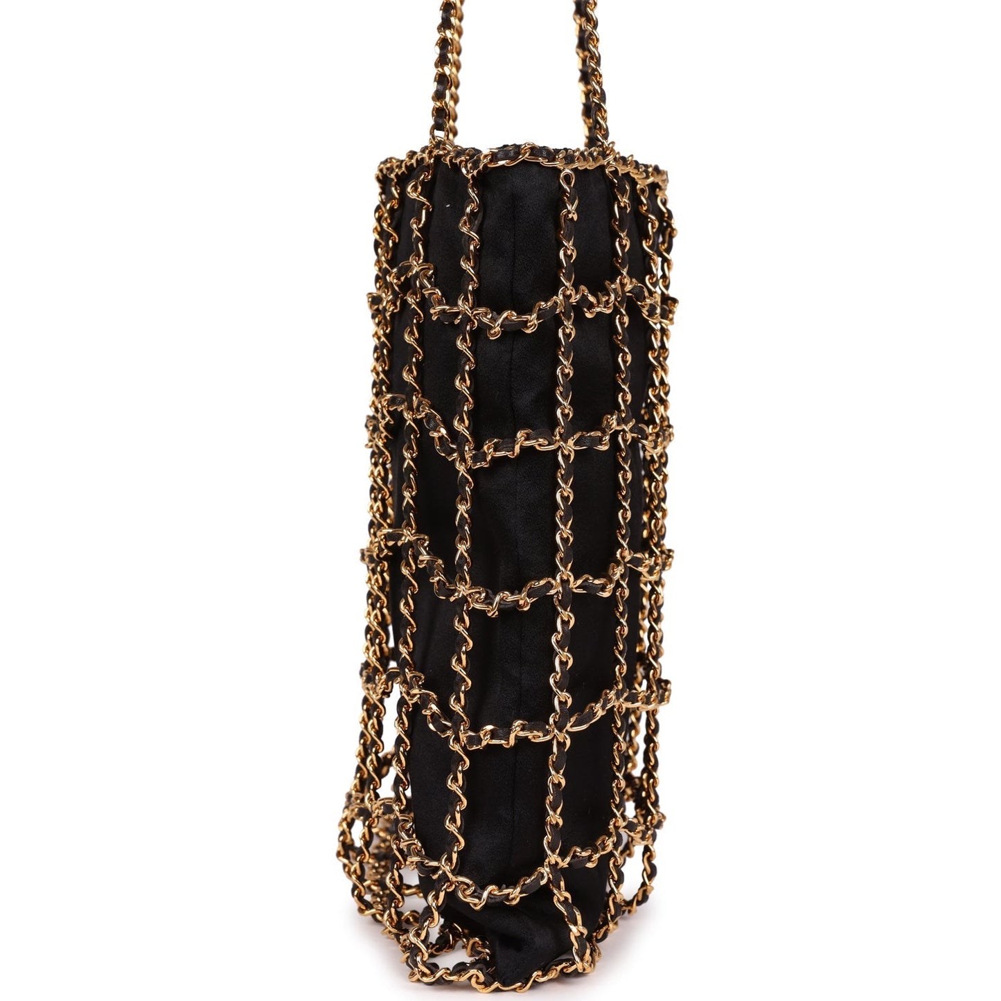 Chanel Chain Frame CC Shopping Tote Black Satin Gold Hardware