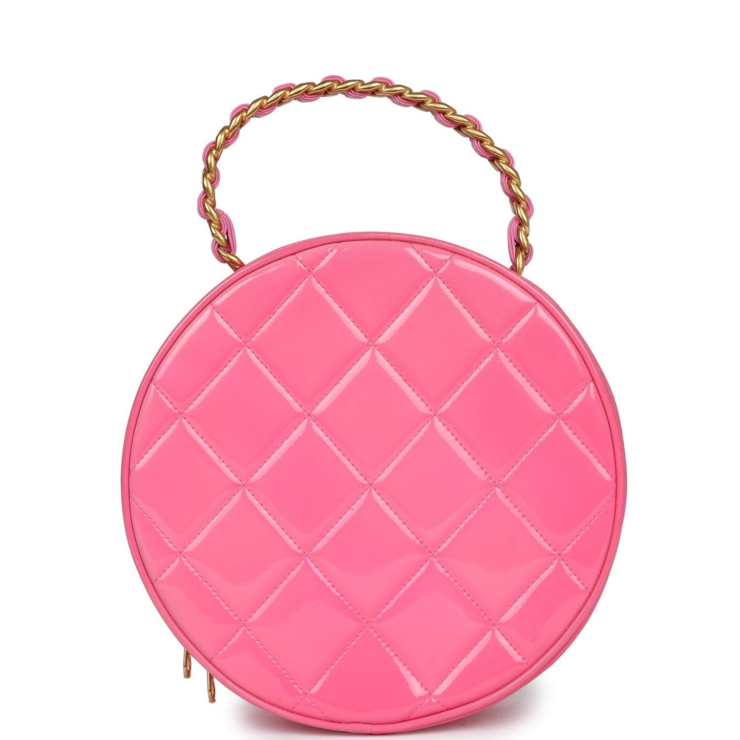 Chanel Round Vanity Bag Pink and Black Patent Leather Antique Gold Hardware