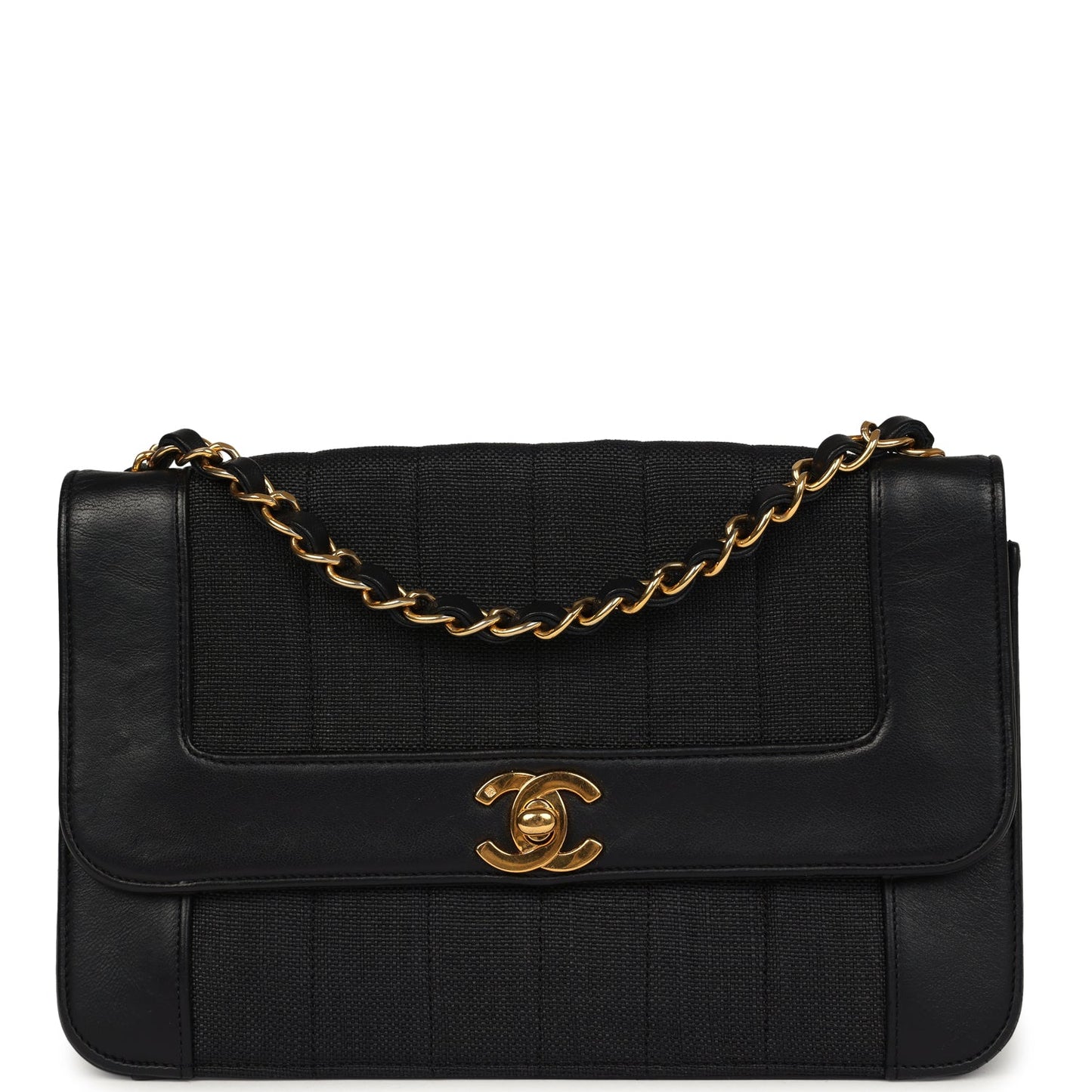 Chanel Vertical Border Flap Bag Black Linen and Lambskin Gold Hardware