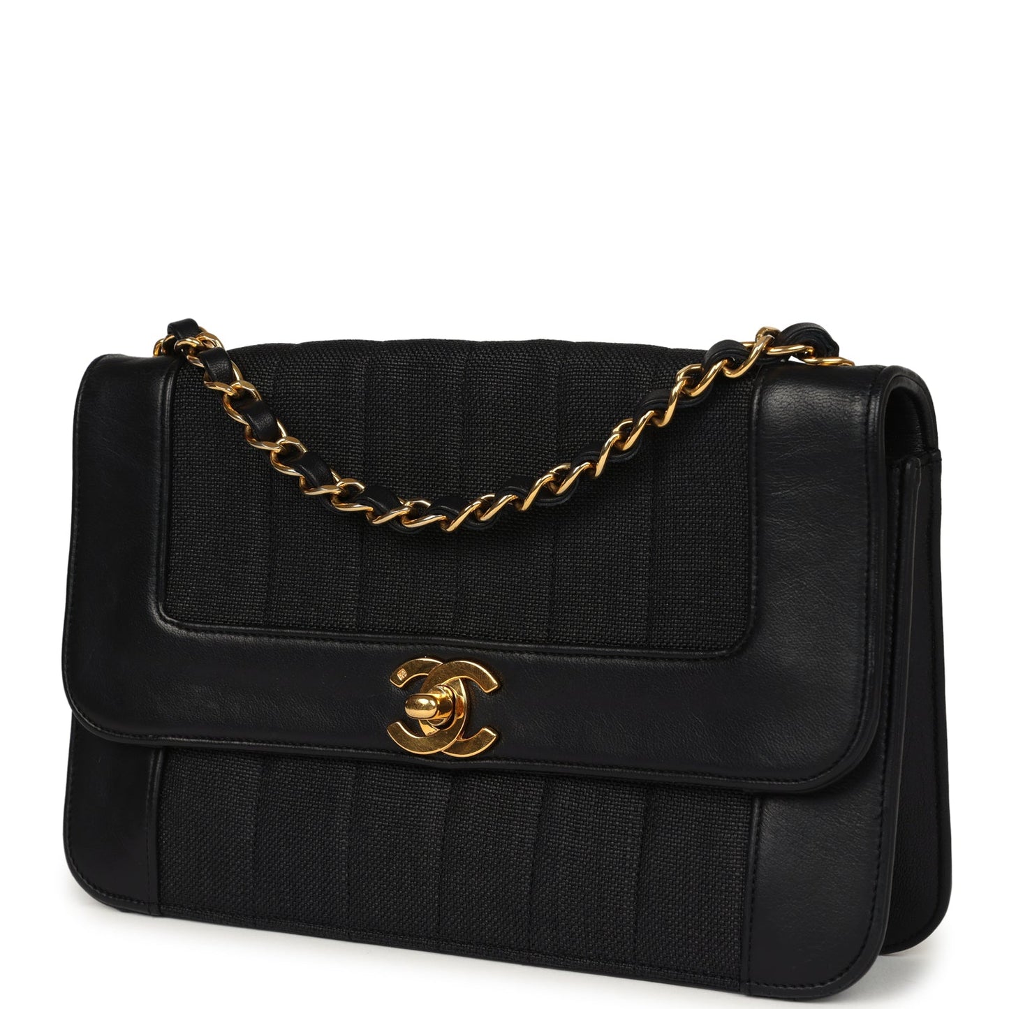 Chanel Vertical Border Flap Bag Black Linen and Lambskin Gold Hardware