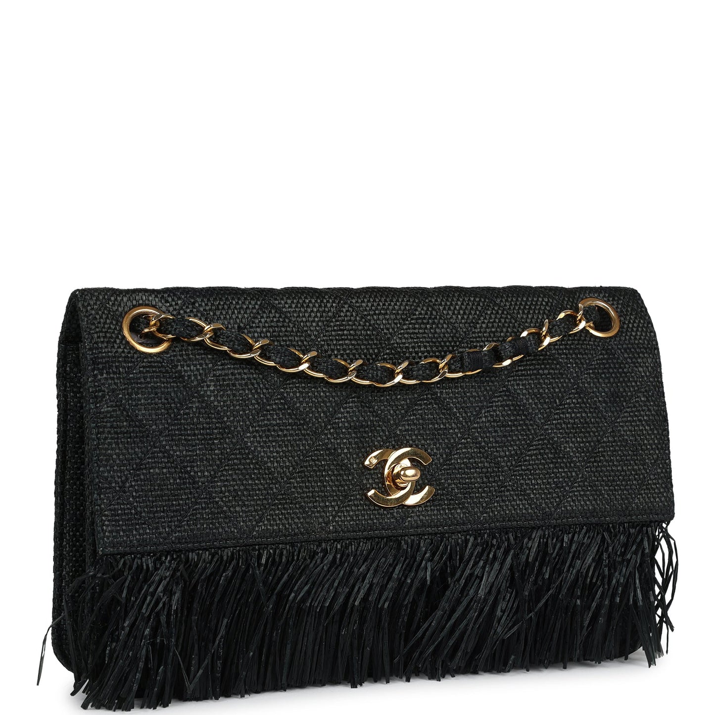 Chanel Quilted Fringe Single Flap Bag Black Raffia Gold Hardware