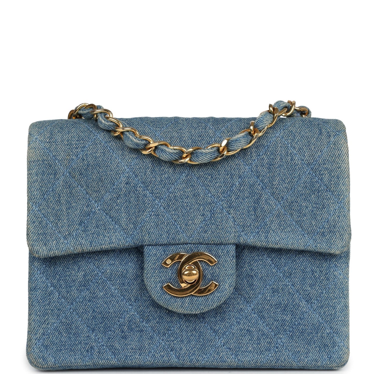 Chanel Mini Square Flap Bag Blue Denim Gold Hardware