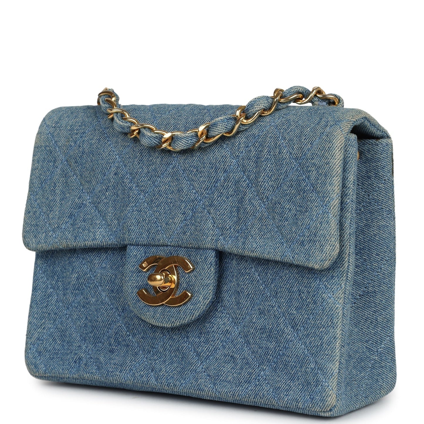 Chanel Mini Square Flap Bag Blue Denim Gold Hardware