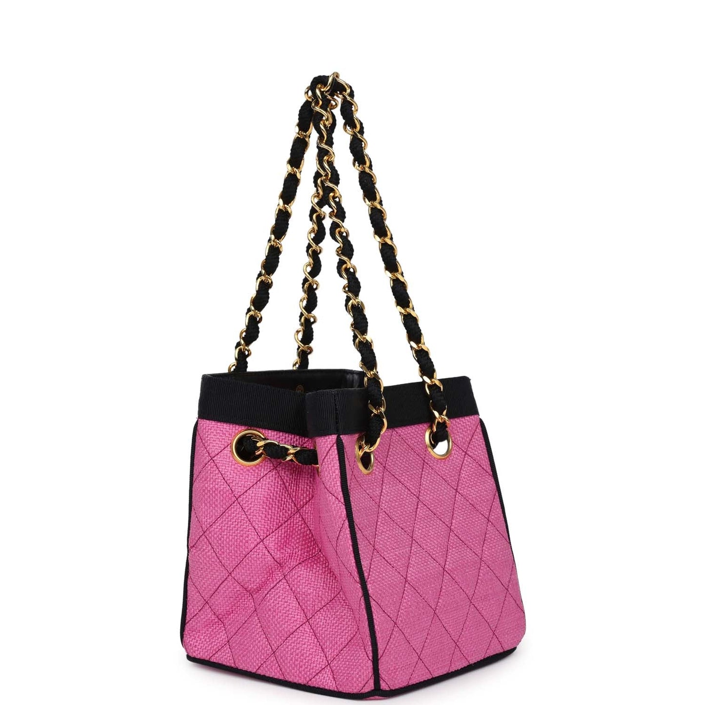 Chanel Set of Two Mini Bucket Bag & Oval Handbag Pink and Black Raffia Gold Hardware