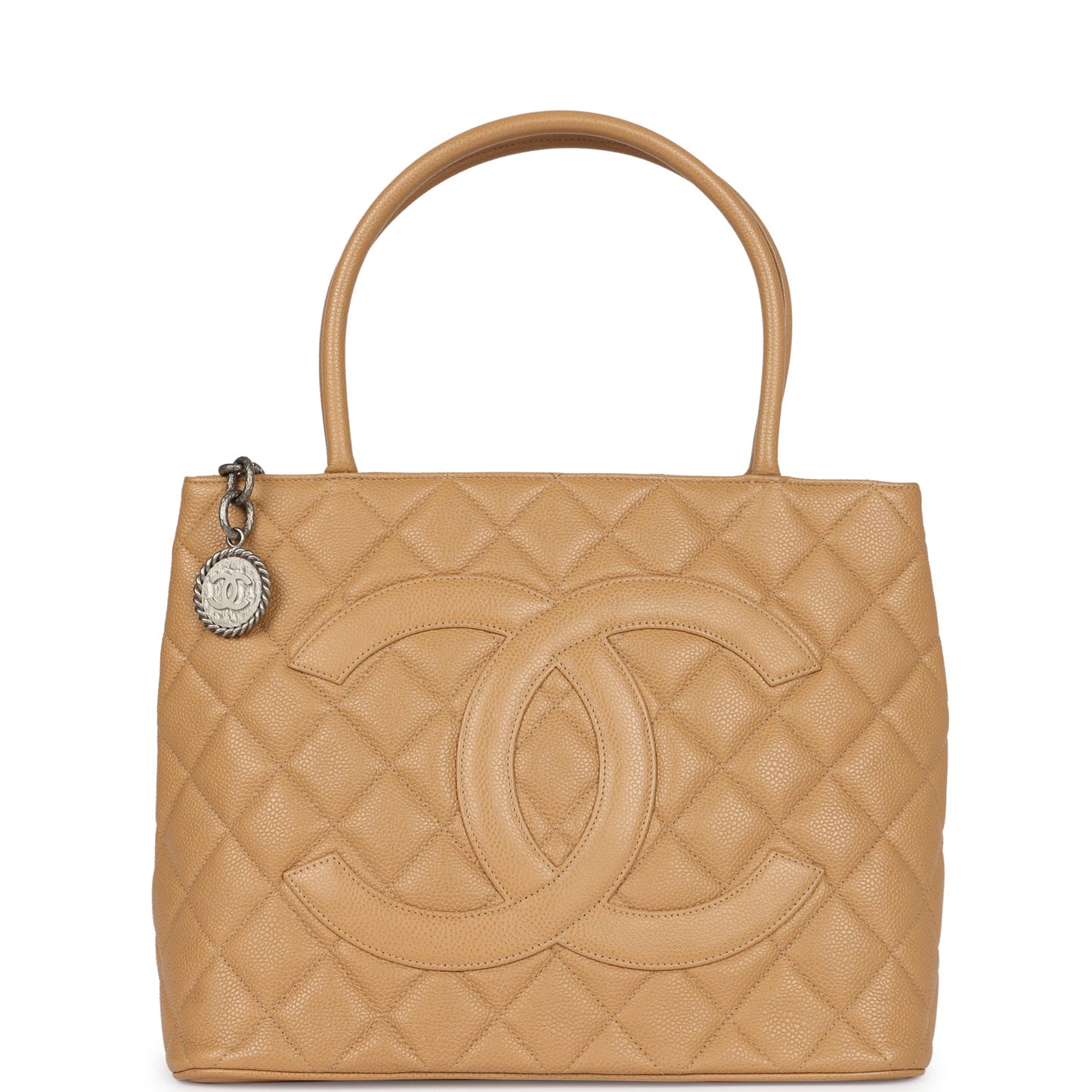 Chanel Medallion Tote Bag Beige Caviar Silver Hardware