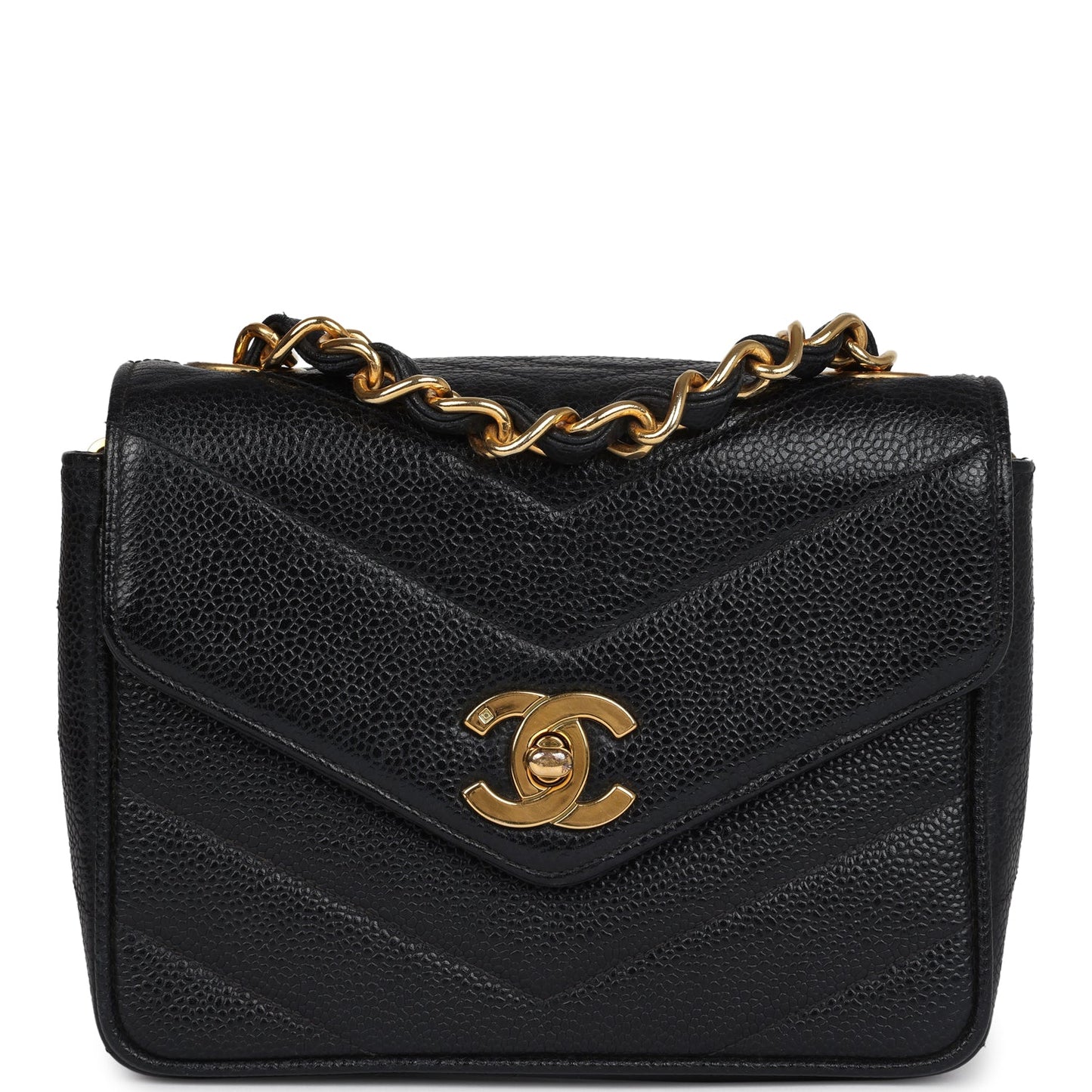 Chanel Square Chevron Envelope Flap Bag Black Caviar Gold Hardware