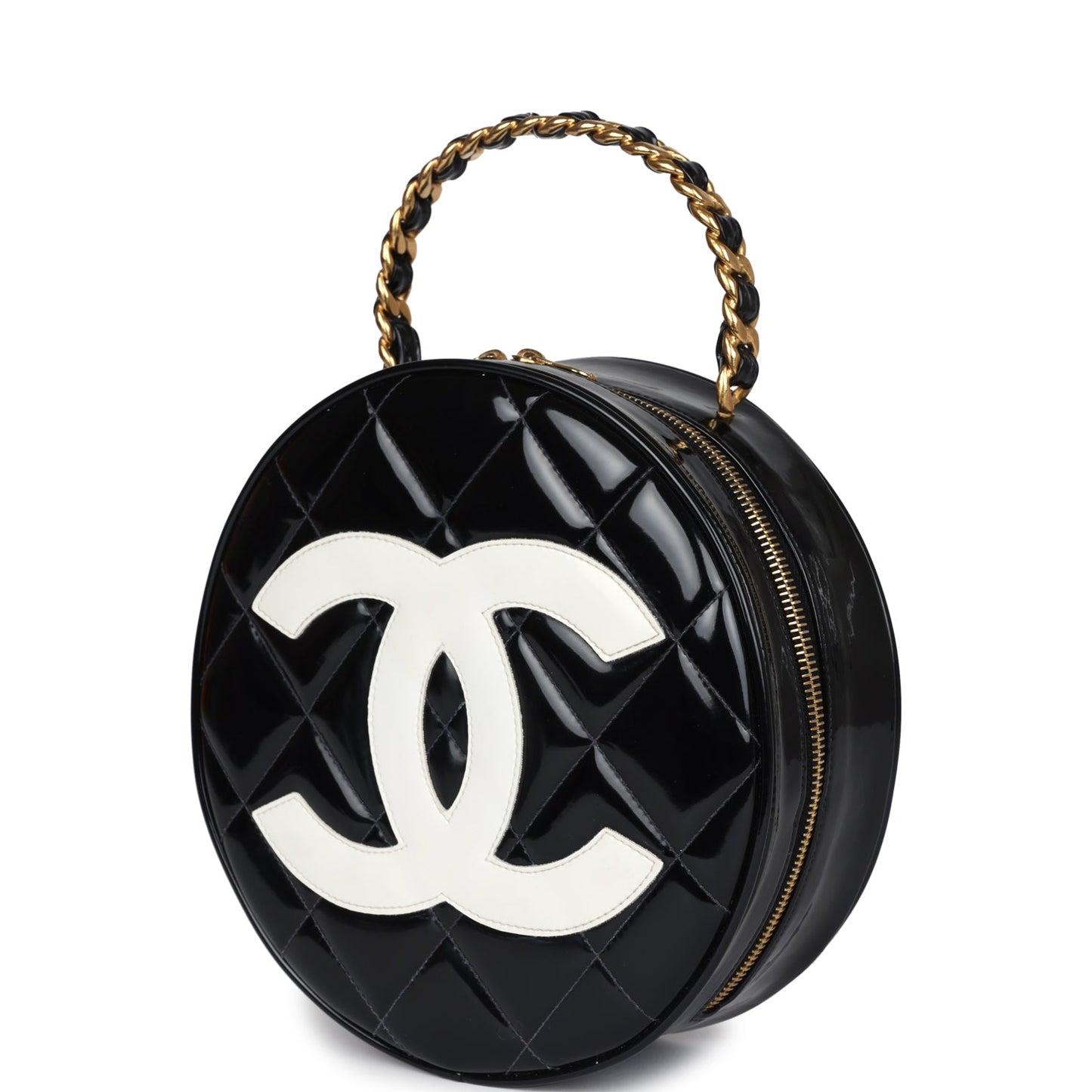Chanel Round Vanity Bag Black and White Patent Leather Antique Gold Hardware
