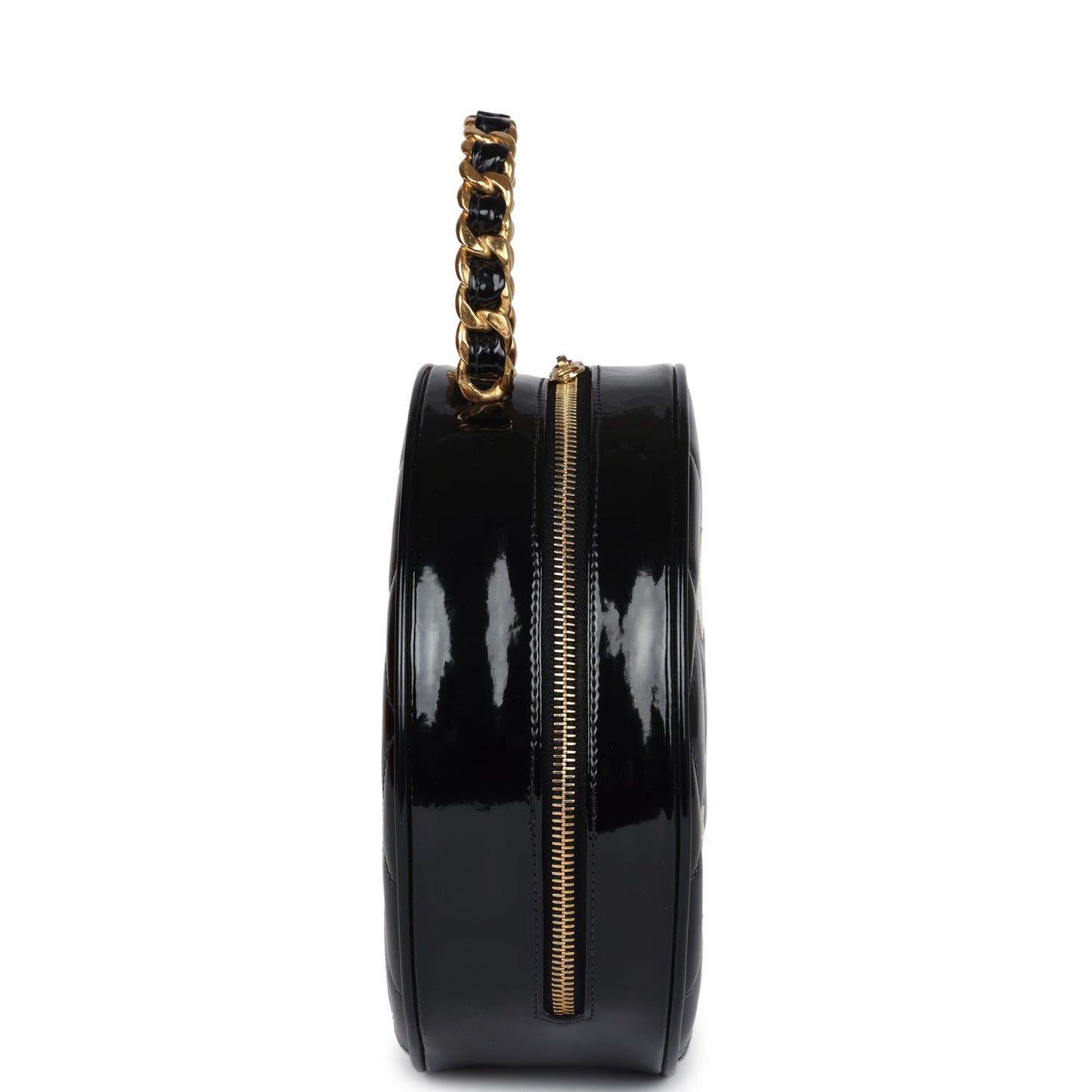 Chanel Round Vanity Bag Black and White Patent Leather Antique Gold Hardware