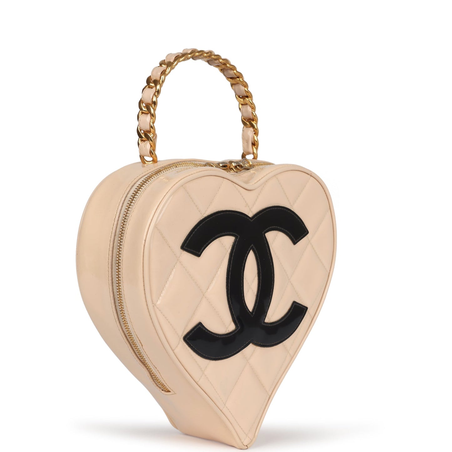 Chanel Heart Vanity Bag Beige and Black Patent Antique Gold Hardware