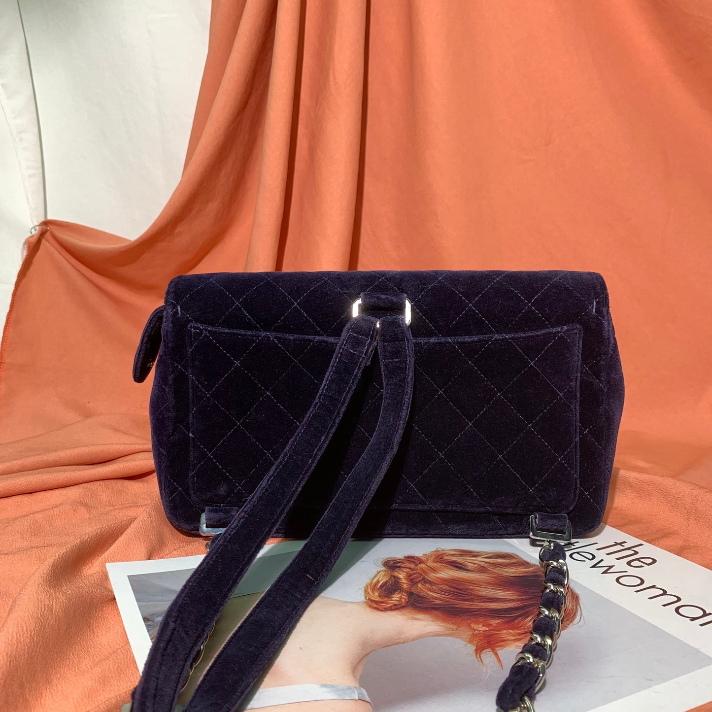 Chanel Navy Velvet Shoulder Flap Blackpack Silver HW, 1996