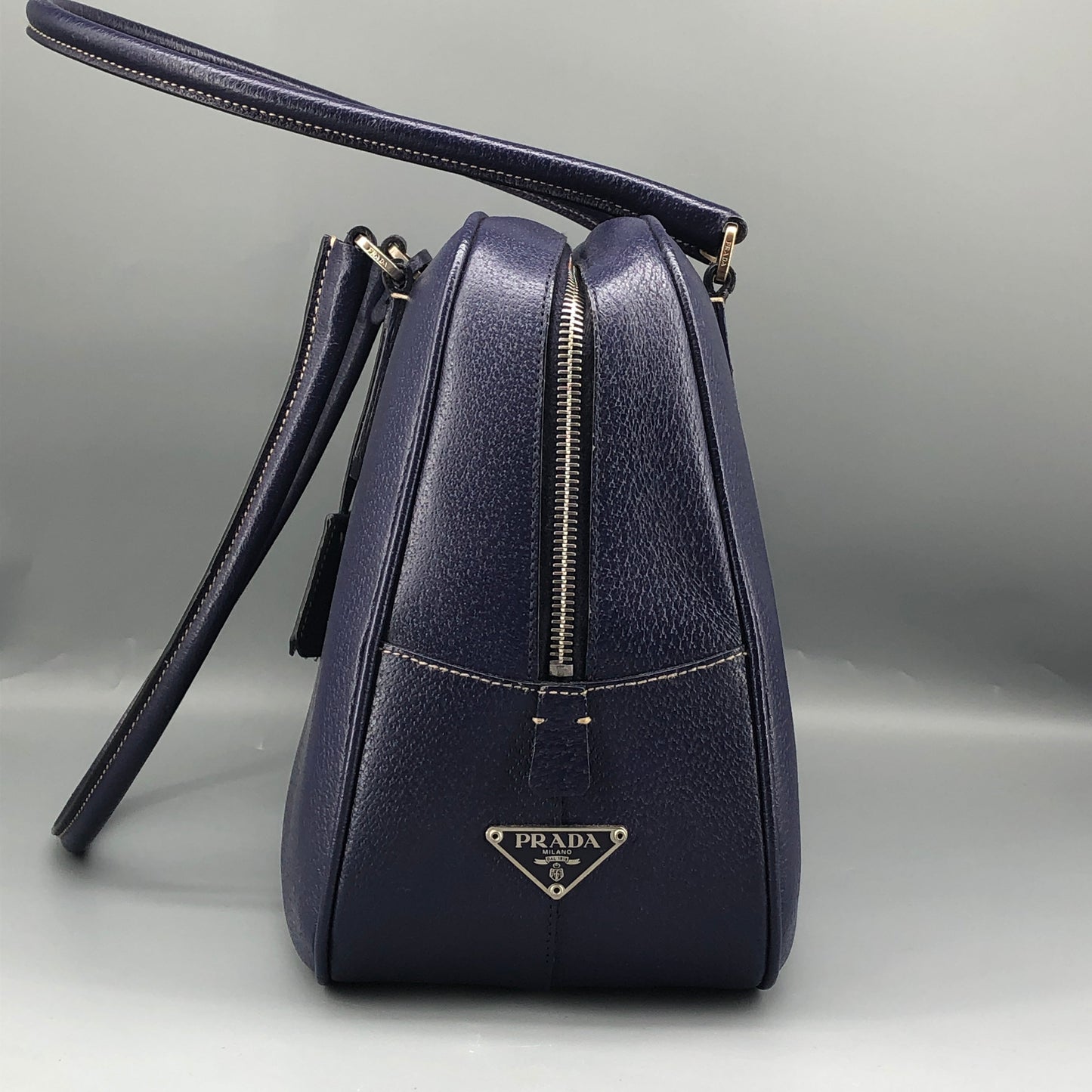 Prada Bauletto Medium Pebbled Leather Handbag Ink Blue