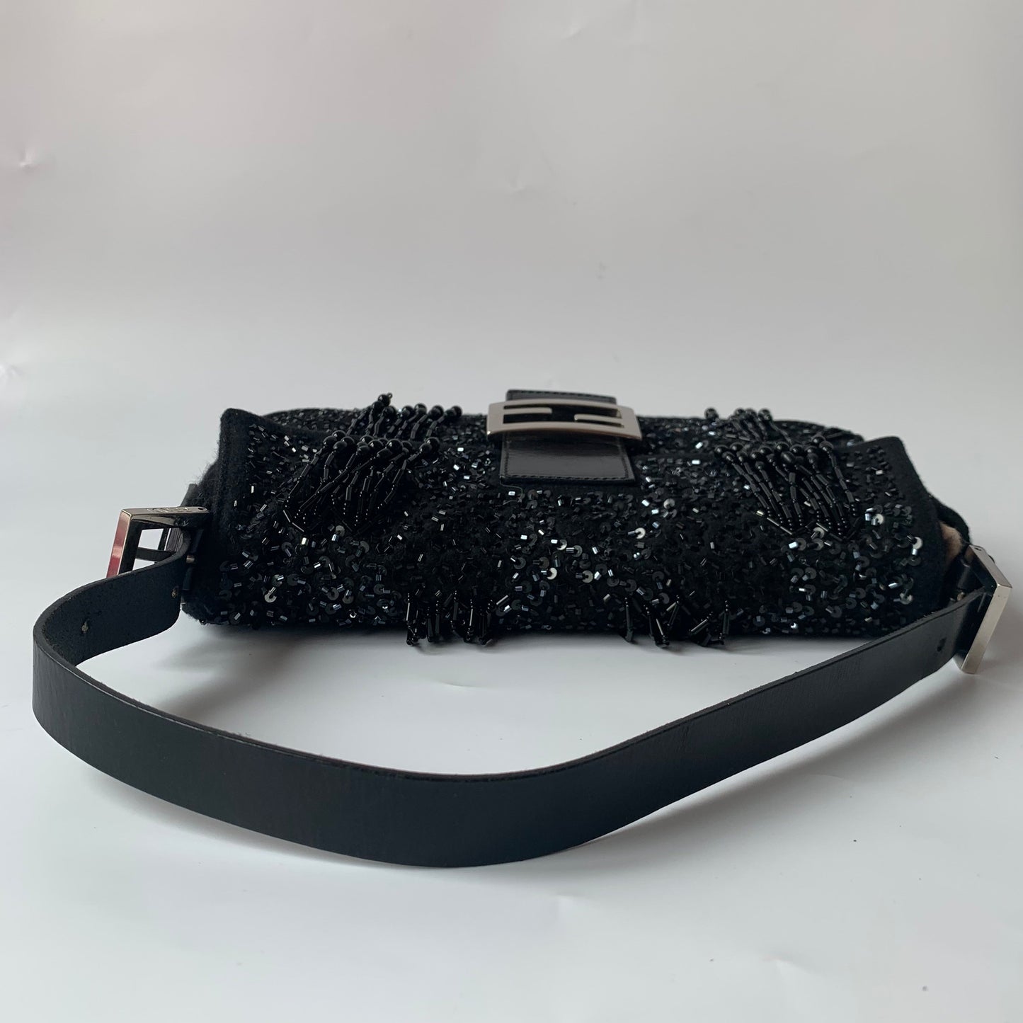 Fendi Baguette Black Beaded Tussle On Black Shoulder Bag