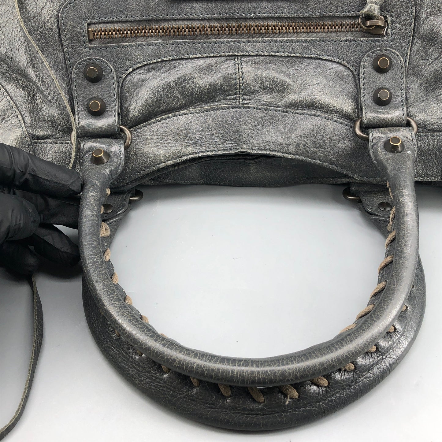 Balenciaga Classic City Distressed Leather Shoulder Handbag Grey