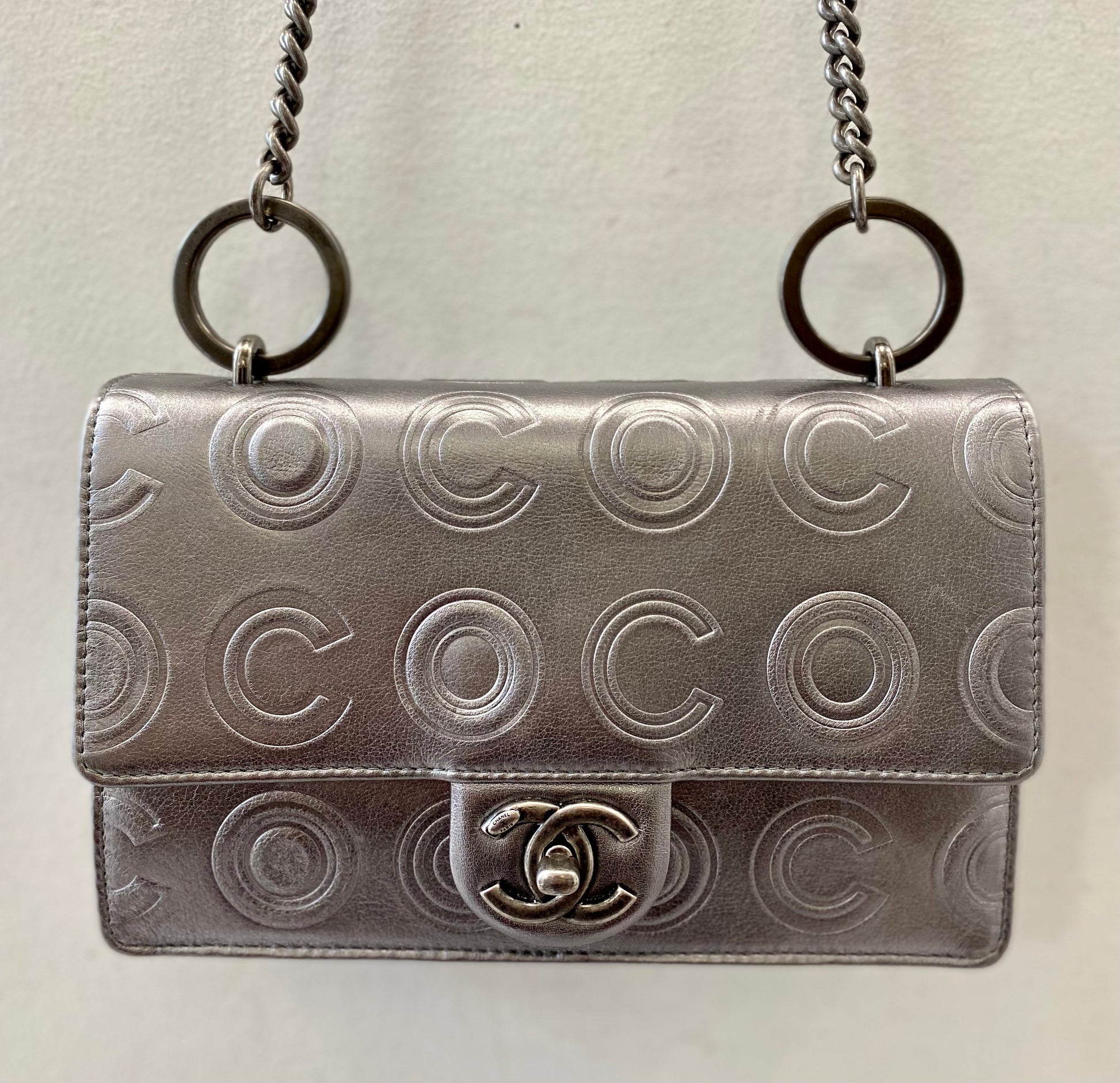 Chanel METALLIC SILVER CALFSKIN Shoulder Bag - Rovelle Bags