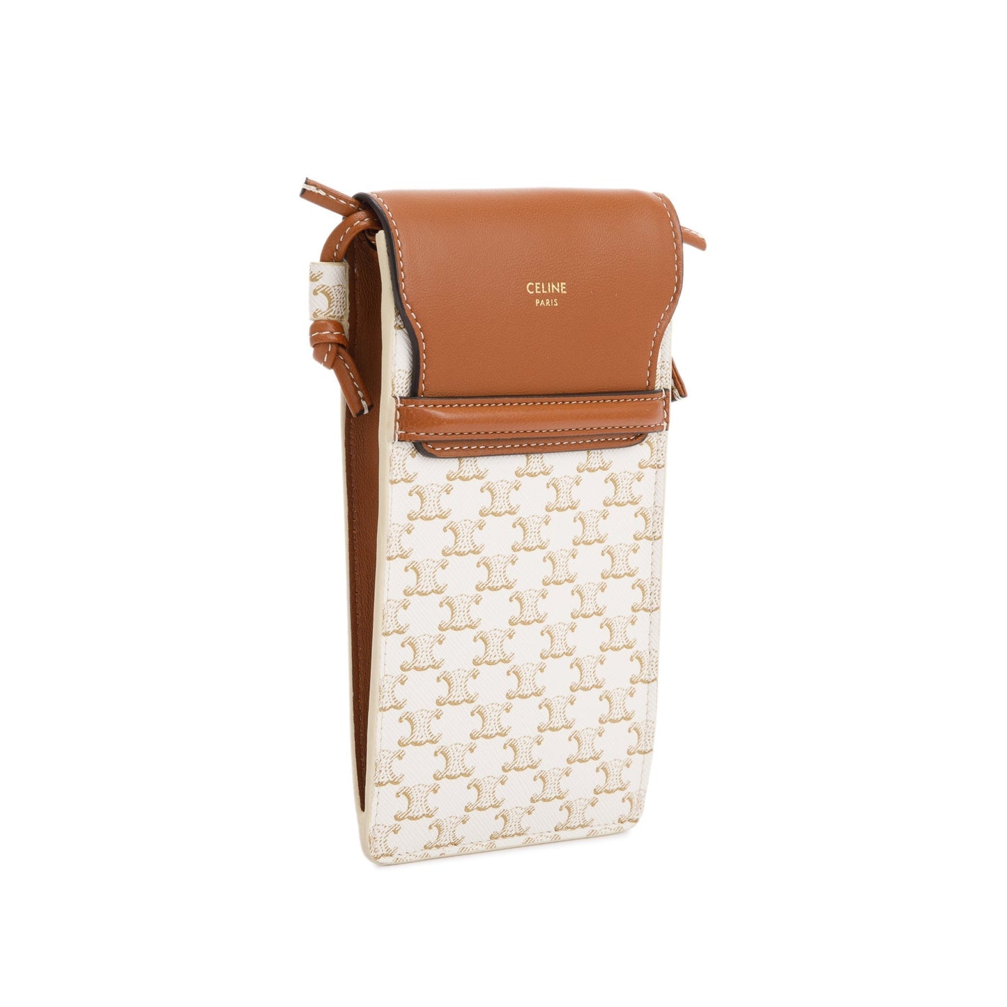 Celine 2021 White Triomphe Canvas & Tan Lambskin Leather Flap Phone Pouch