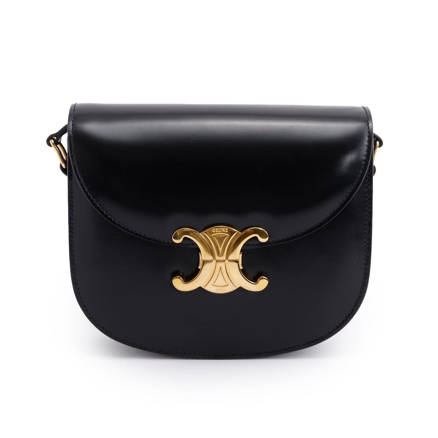 Celine 2023 Black Shiny Calfskin Leather Teen Triomphe Shoulder Bag