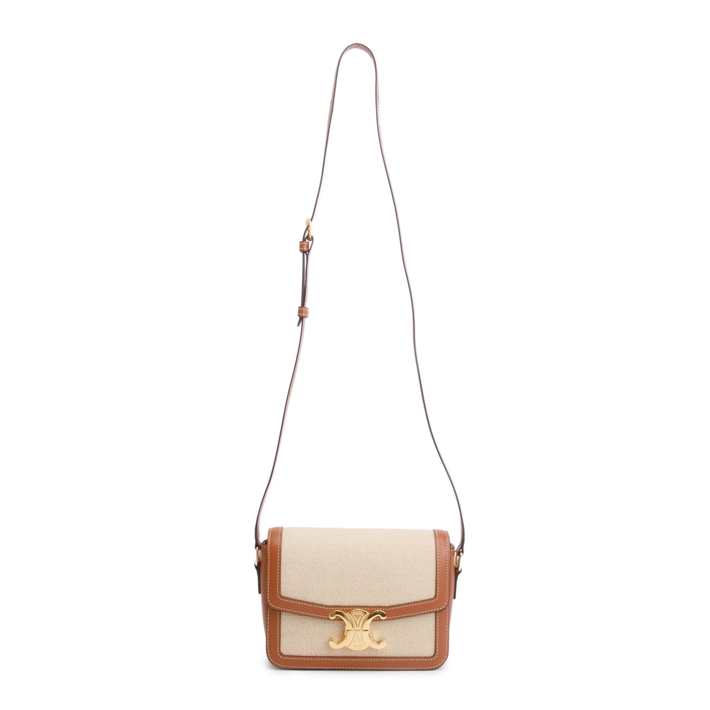 Celine 2023 Natural Canvas Tan Calfskin Leather Teen Triomphe Shoulder Bag