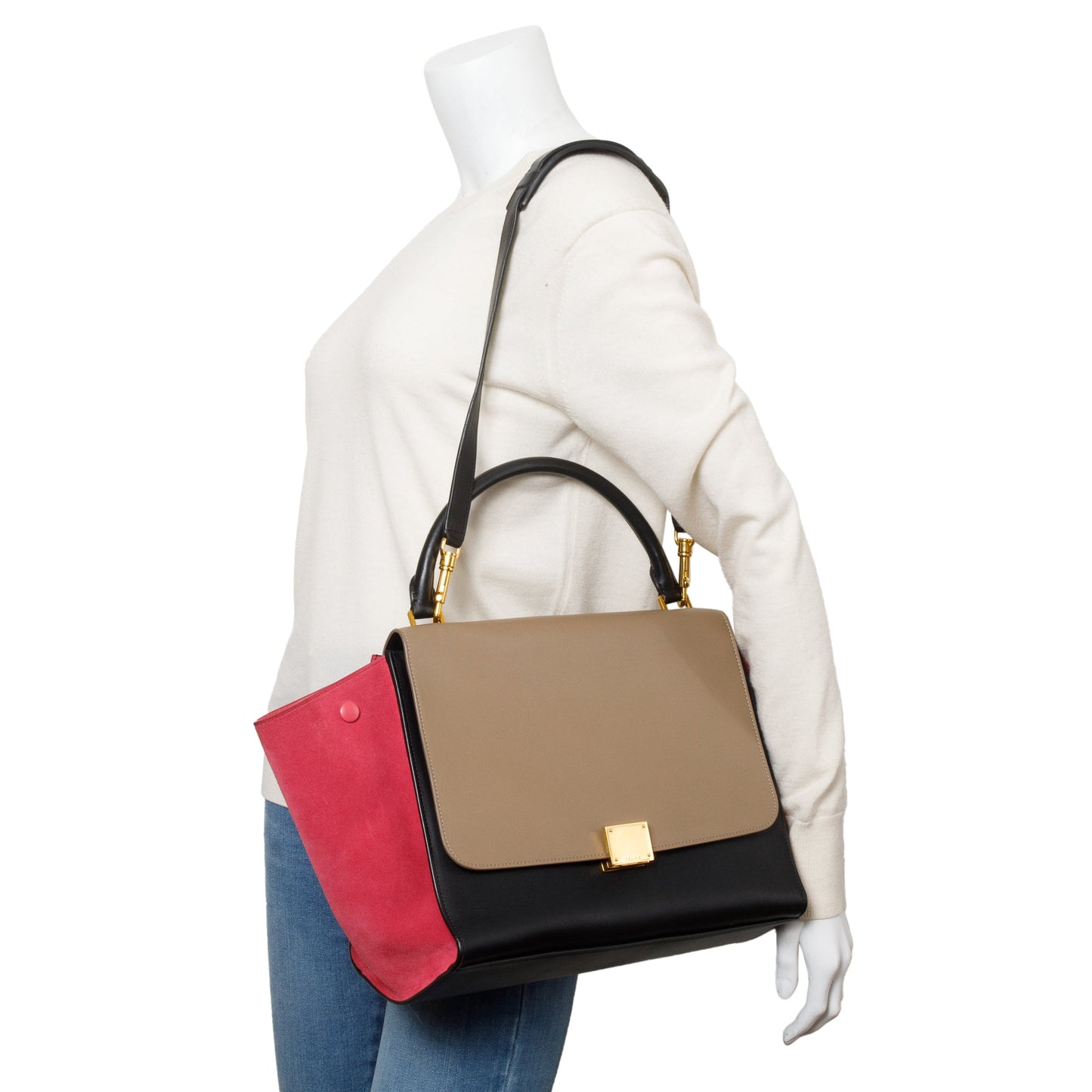 Celine Tricolor Calfskin Leather and Suede Medium Trapeze Bag